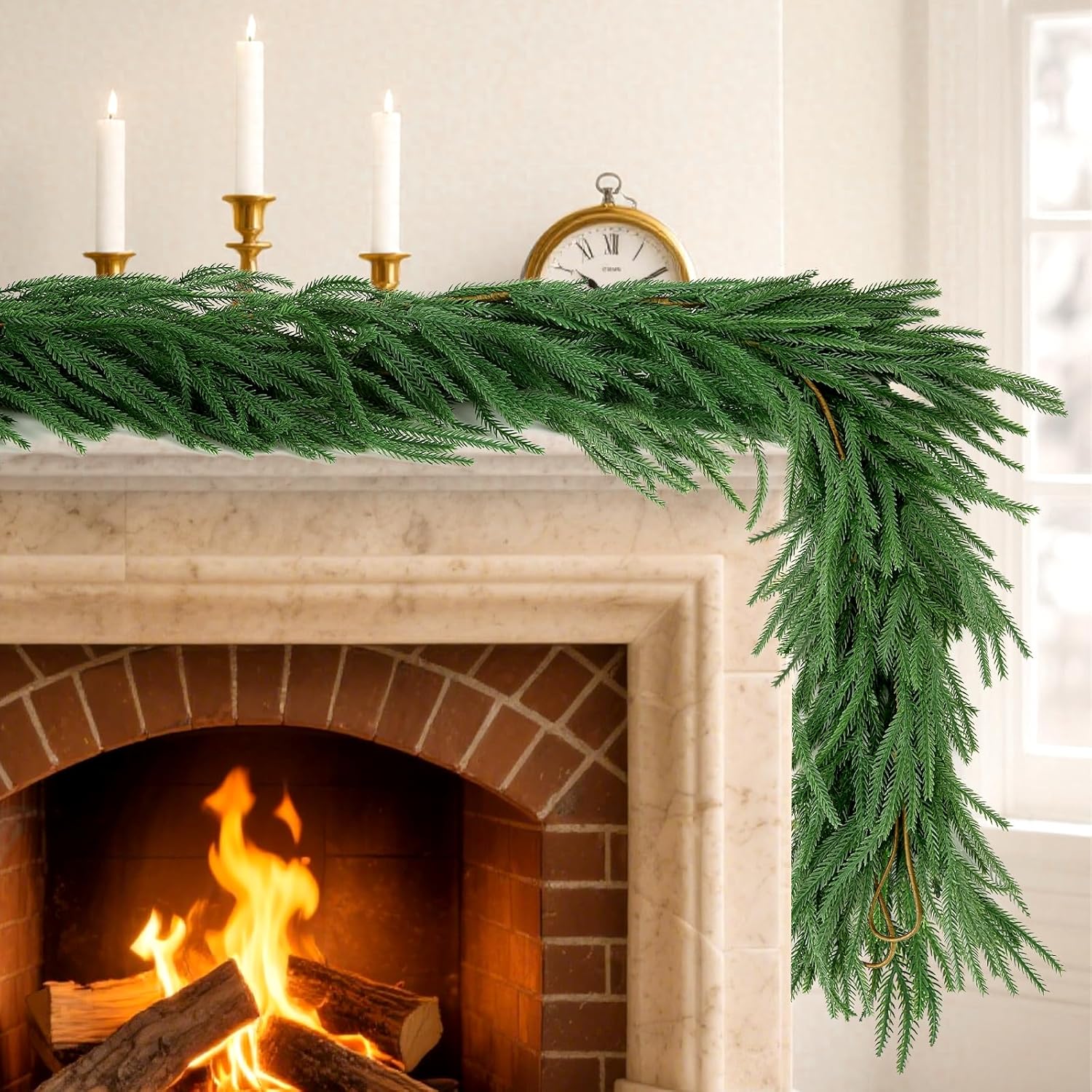 12FT(2 * 6FT)Norfolk Pine Garlands, Christmas Cedar Garland, Real Touch Faux Green Garlands, Winter Artificial Greenery Garland for Mantle, Stairs, Table, Fireplace, Indoor & Outdoor Xmas Decorations - Image 4
