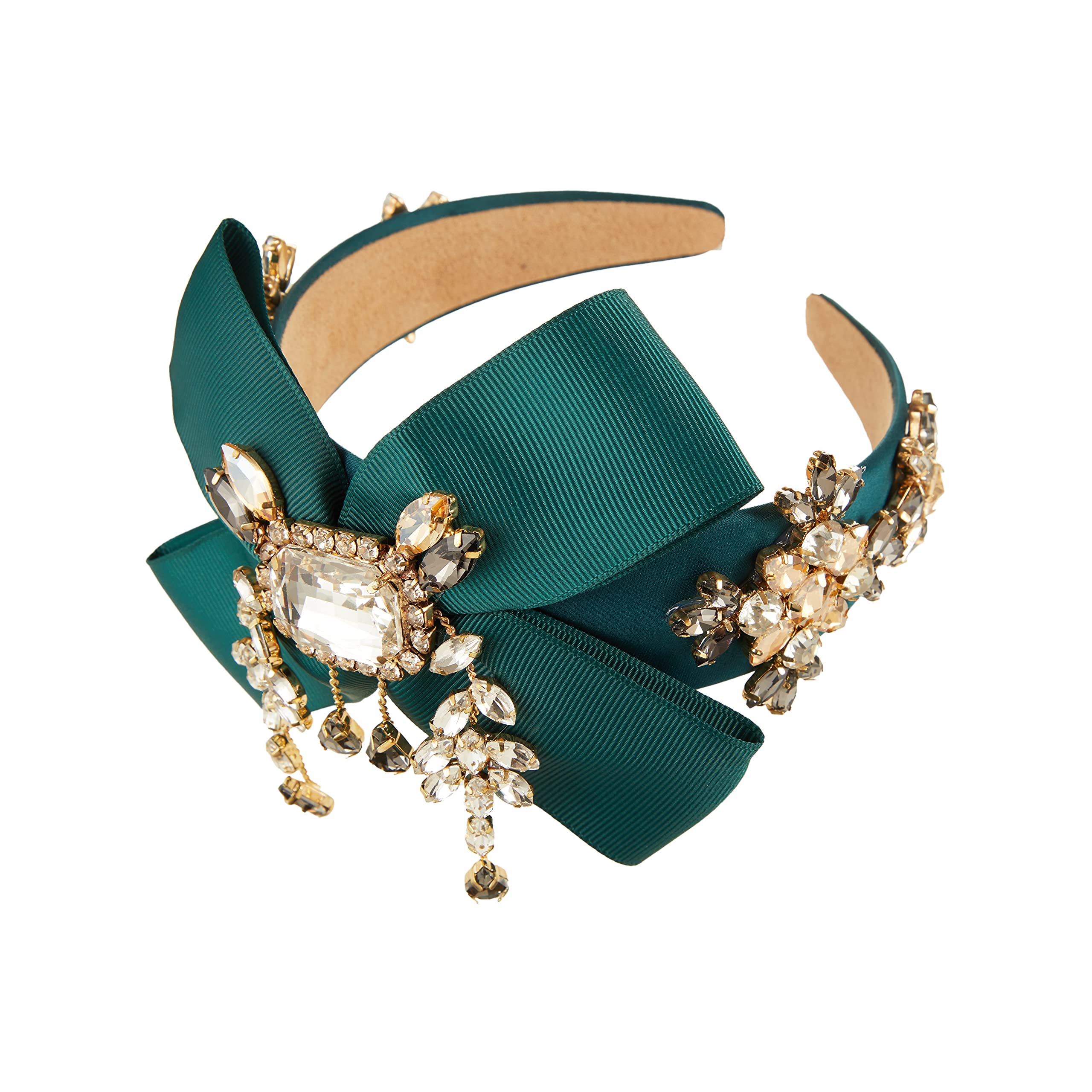 MOONSTONE Women's Fashion Handmade Headband Wide Center Ribbon Bow Flower Rhinestone Crystal Dangling Embellished, Adjustable Size, Dark Green