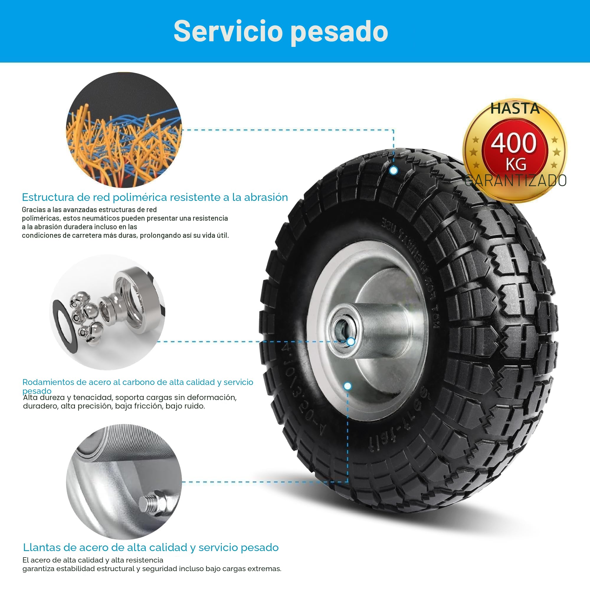 Ruedas de diablo, juego de 2 ruedas de goma maciza de 4,10 3,50-4, ruedas de repuesto para carro de transporte de 260 x 85 mm, 20 mm (eje de rueda de 20 mm)