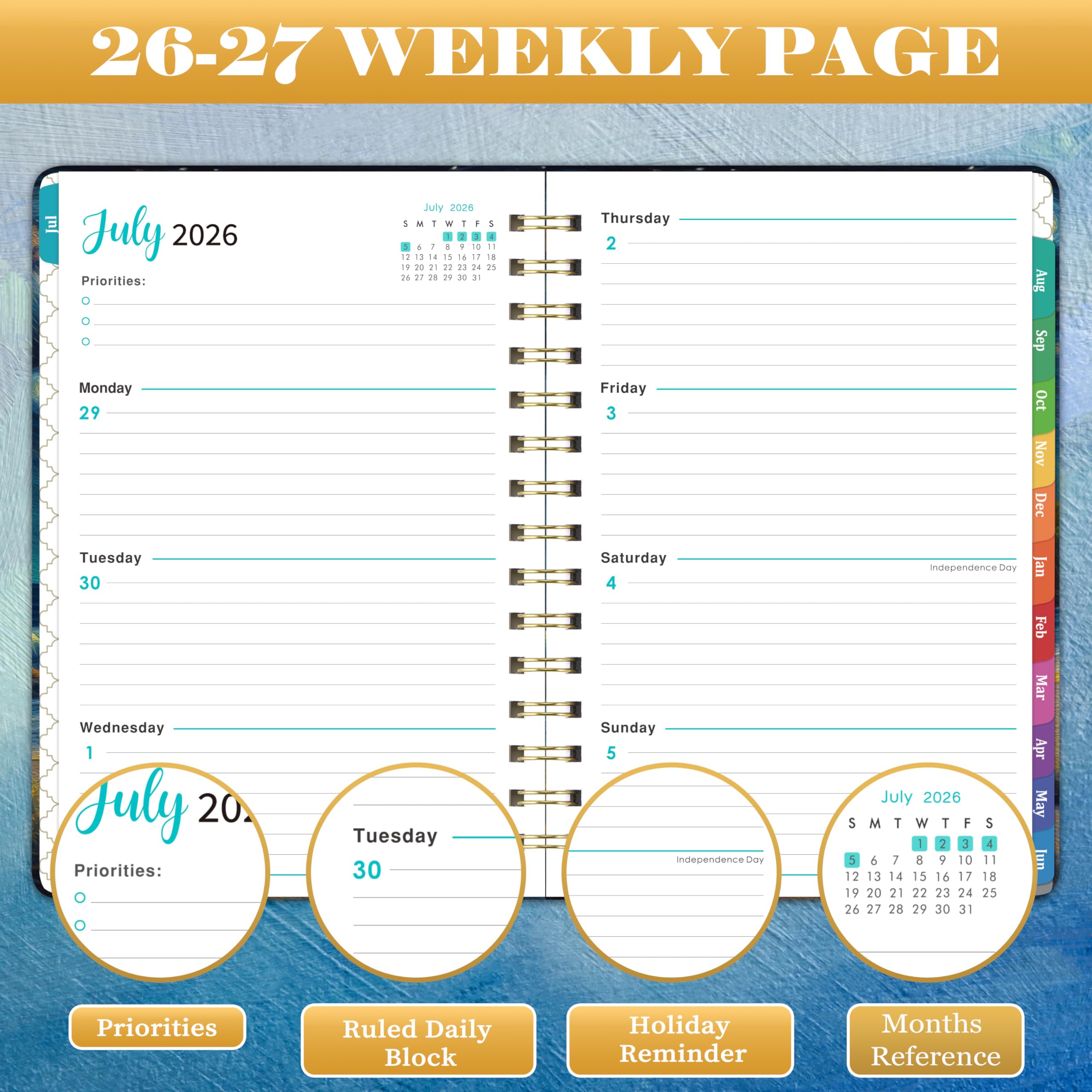 Pinchoco Planer 2025-2026 - Akademischer Planer Juli 2025 - Juni 2026, 21,3 x 16,0 cm, Wochen- und Monatsplaner mit Gummibandverschluss, Klebe-Tabs + Hardcover - Traumendes Meer