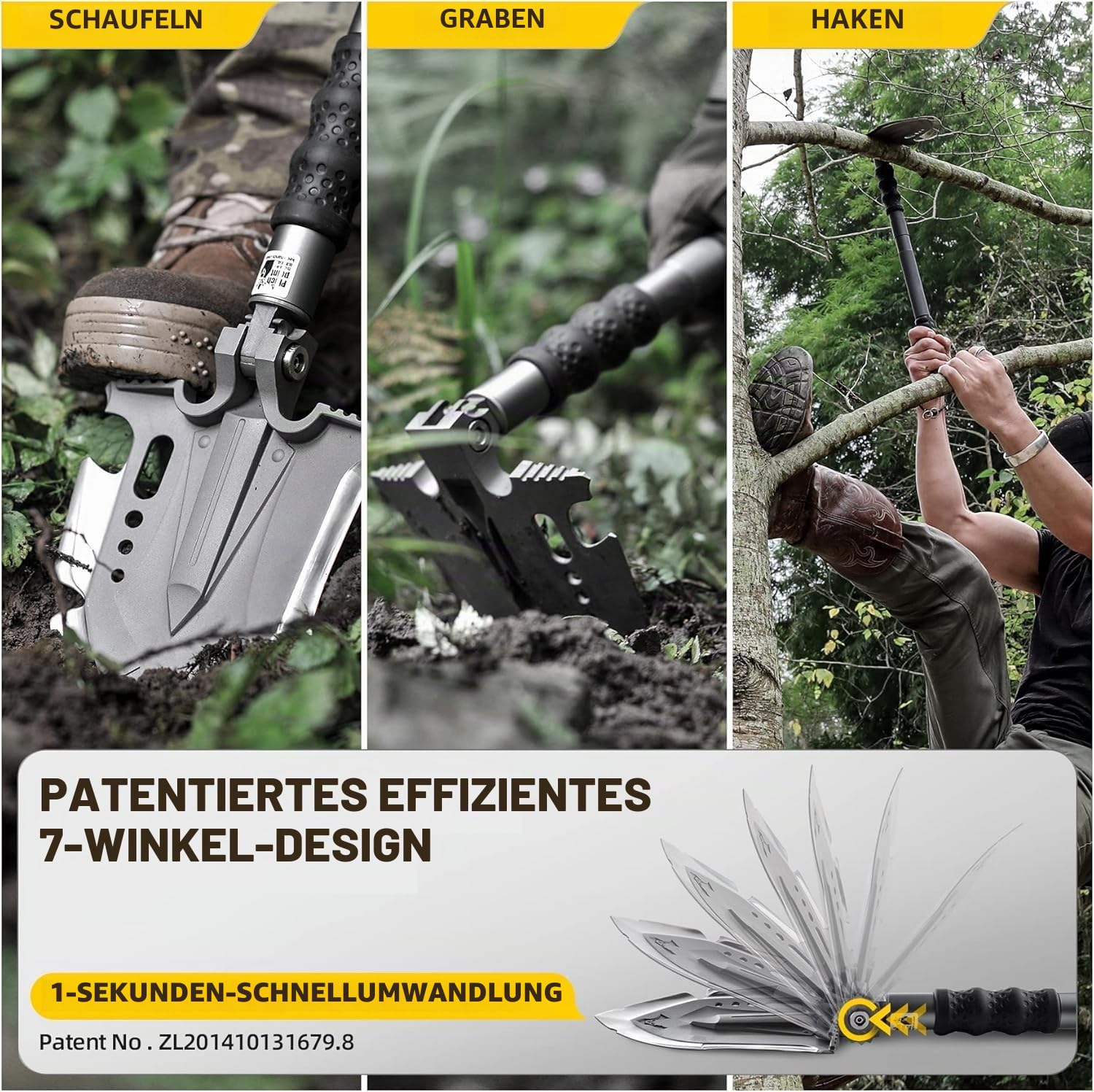 Zune Lotoo Klappspaten, Multifunktionale Survival Spaten aus Martensitischem Stahl, Verstellbare Taktische Schaufel mit 7 Winkeln, Tragbare Camping Schaufel zum Wandern Camping, Garten