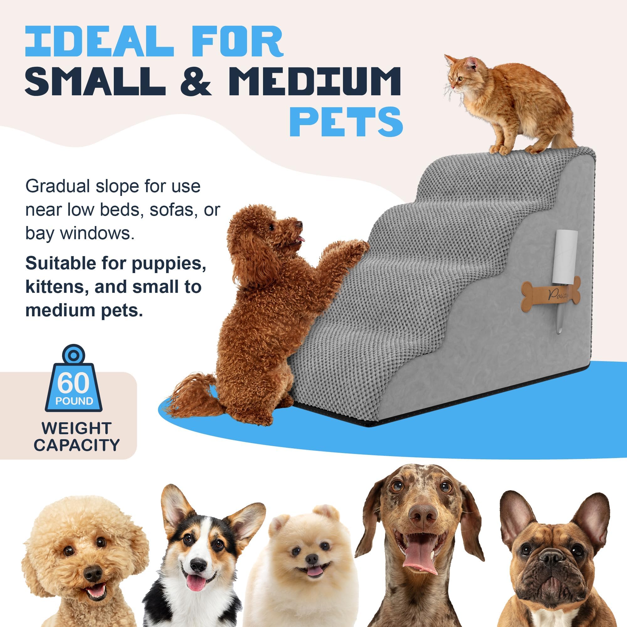 PAWZY Scaletta per animali domestici in schiuma per letto, divano o finestra, copertura prefissata, ampia scaletta per cani, impermeabile, base antiscivolo, a 4 livelli, per cani di piccola taglia,
