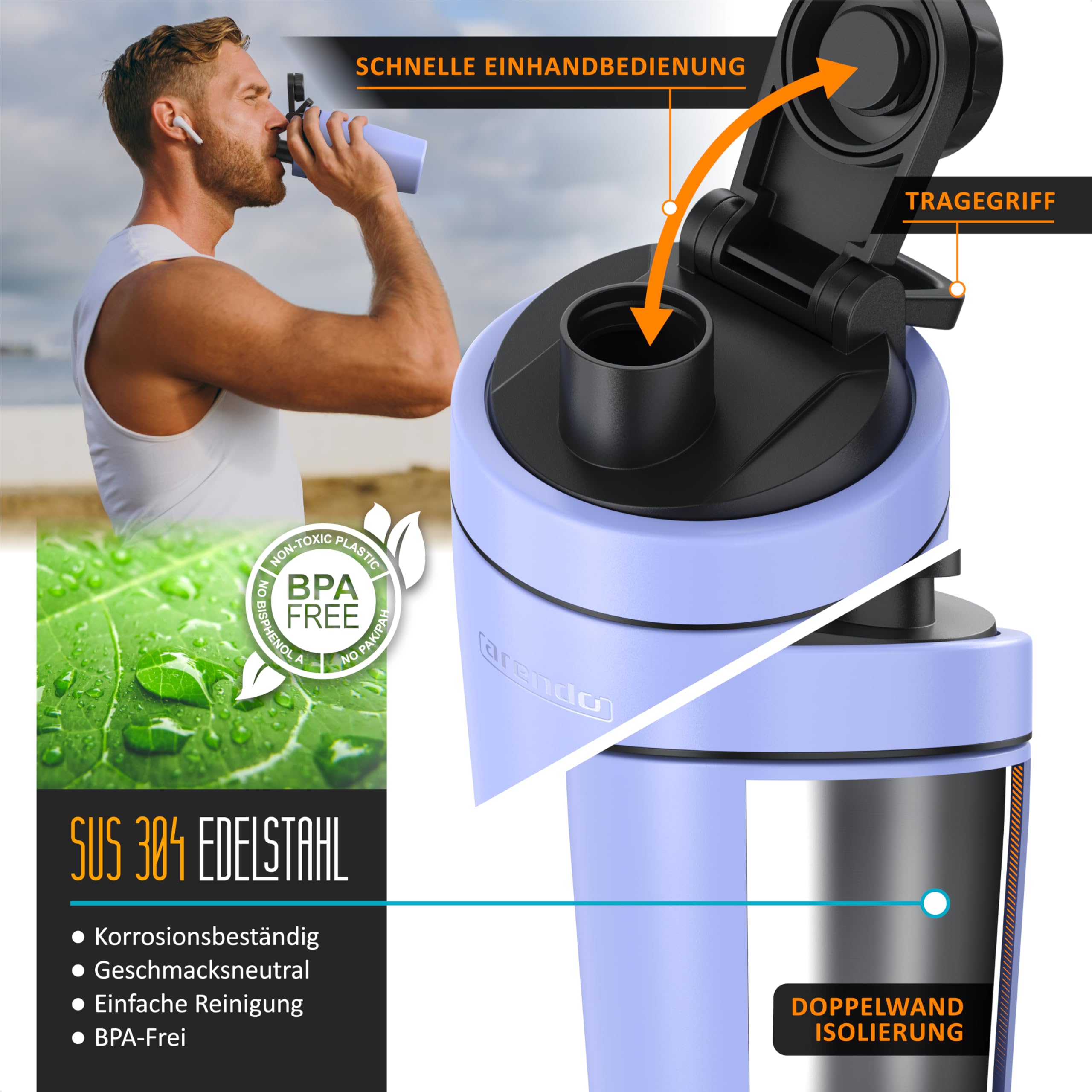 Arendo - Eiweiß Shaker Edelstahl 500ml, Protein Shaker mit Mixkugel, BPA frei, Mixbecher, Metall Premium Eiweißshaker, Tragegriff, Spülmaschinengeeignet, To Go für Yoga Fitness Sport, Lavendel - 4