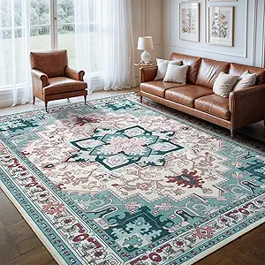 Lofus 8x10 Area Rugs, Large Area Rug for Living Room, Floral Washable Area Rug for Bedroom, Office, Dining Room, Non-Slip Vintage Boho Rug, Low-Pile Soft Carpet, Traditional Oriental Style, Light Blue