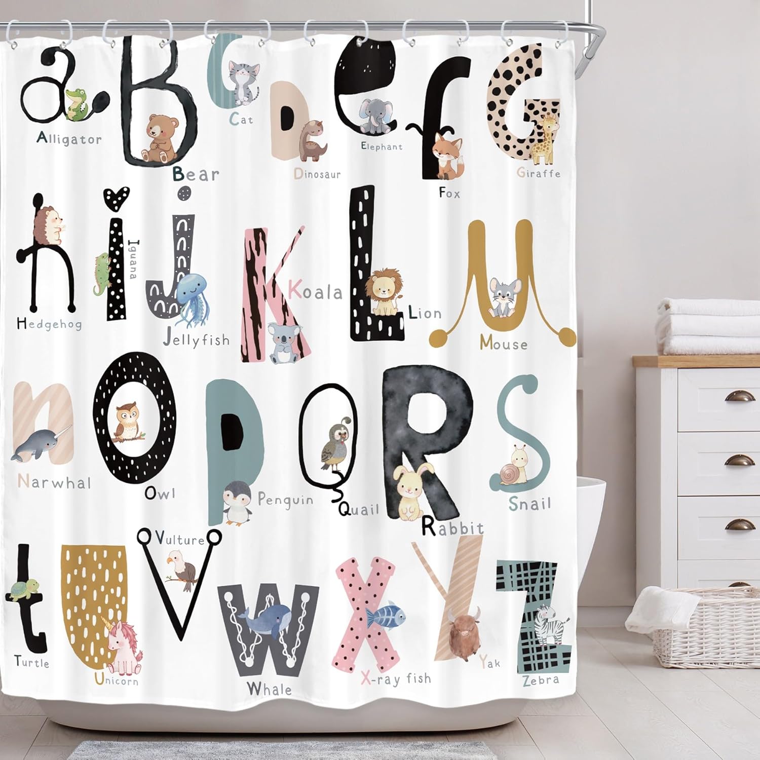 Riyidecor Kids ABC Learning Alphabet Shower Curtain for Bathroom Decor 60Wx72H Educational Study Boys Baby Children Funny Large A to Z Art Printed Fabric Polyester Waterproof 12 Pack Plastic Hooks