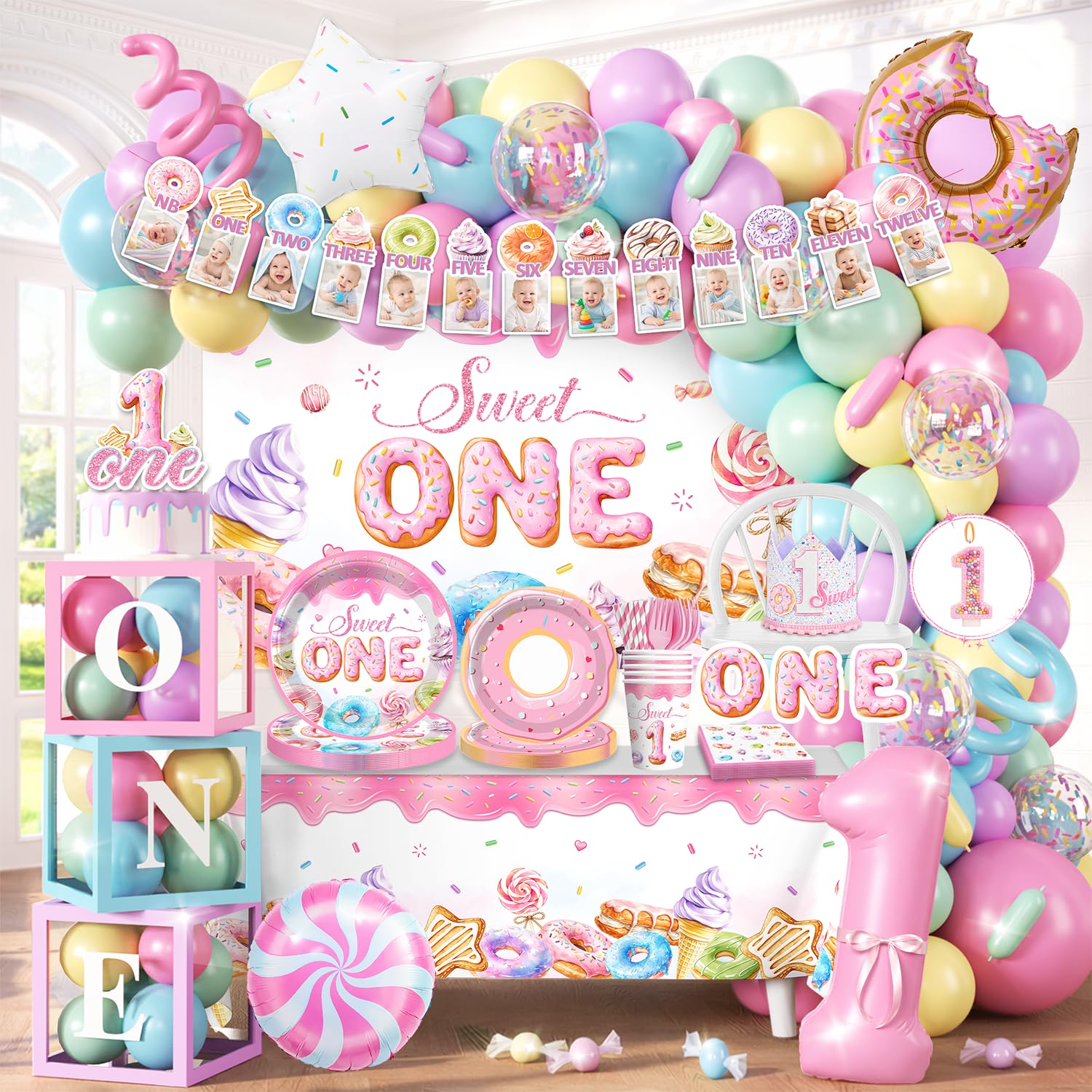 Cocomigo Sweet One Birthday Party Decorations for Girls, Serves 25 | All-in-one set,1st birthday supplies, backdrop, photo banner, ice cream candy, balloon arch, plates, tableware