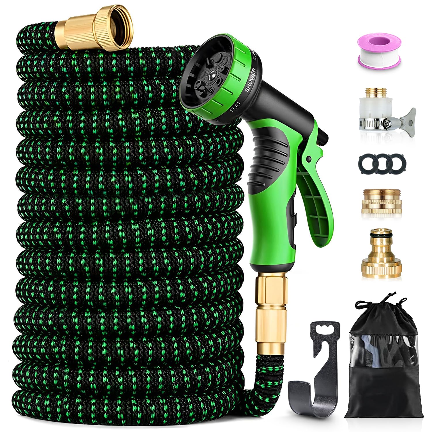 Manguera Extensible 45m Verde, Tubo de Agua Flexible para Jardinería y Limpieza, Manguera Retráctil Resistente al Desgaste, Accesorios de Conexión Rápida