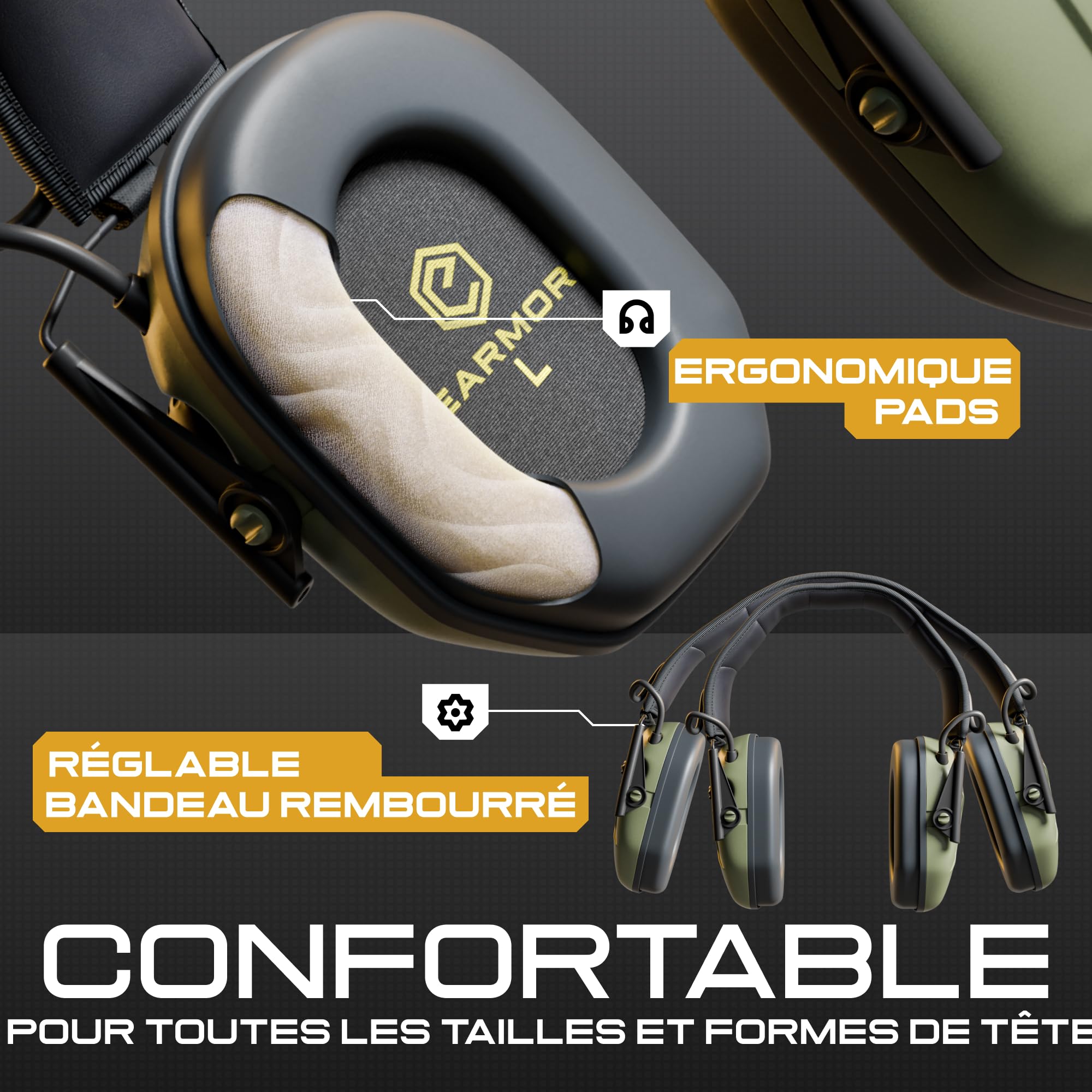 Earmor M300A Protection auditive électronique pour la chasse, le tir, valeur d'isolation acoustique, SNR 29 dB, réglage dynamique du bruit