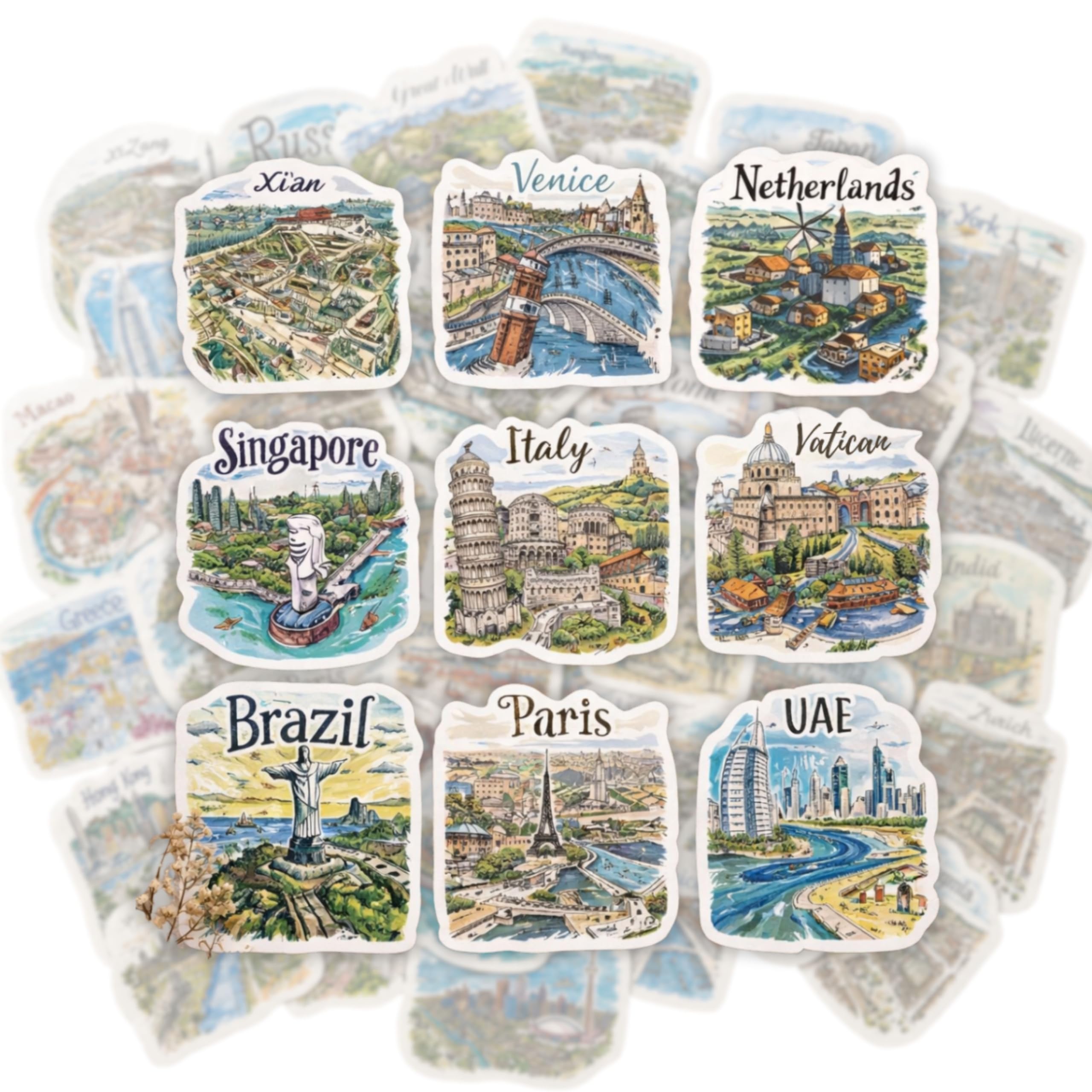 Mazo Moon 50 x Travel Map Hand-Drawn World City Stickers | Waterproof Vinyl Laptop & Water Bottle Stickers | Scrapbooking, Journals, Luggage & DIY Decor