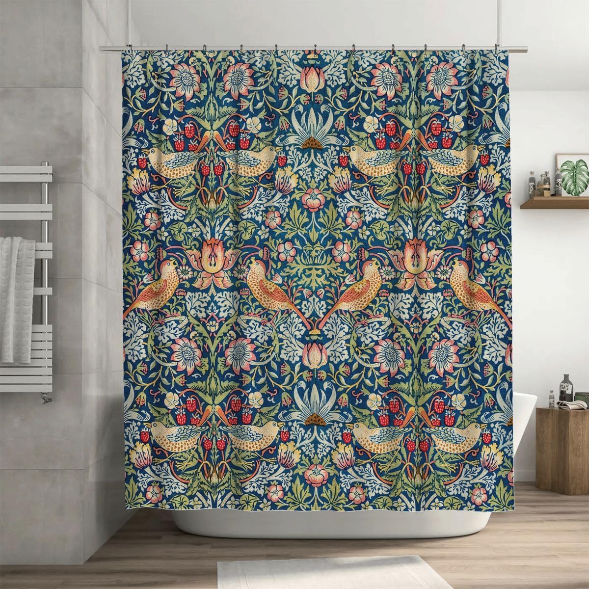 WWOOPLL William Morris Shower Curtain Set with 12 Hooks, Bath Curtains Waterproof Polyester Fabric, Strawberry Thief Floral Home Bathroom Bathtubs Decor Washable Durable Fabric, 180x180 cm