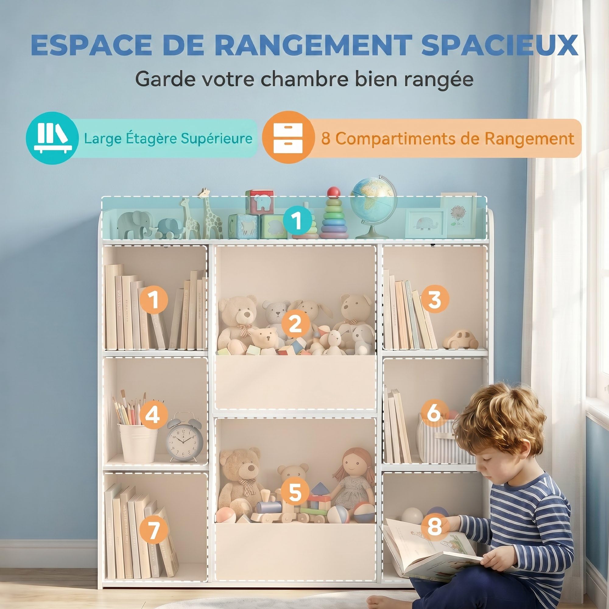 AIYAPLAY Meuble Rangement Enfant, bibliothèque Enfants avec 8 Compartiments et étagère supérieure, Anti-basculement, Rangement Jouets pour Chambre d'enfants, Salle de Jeu, crèche, Blanc