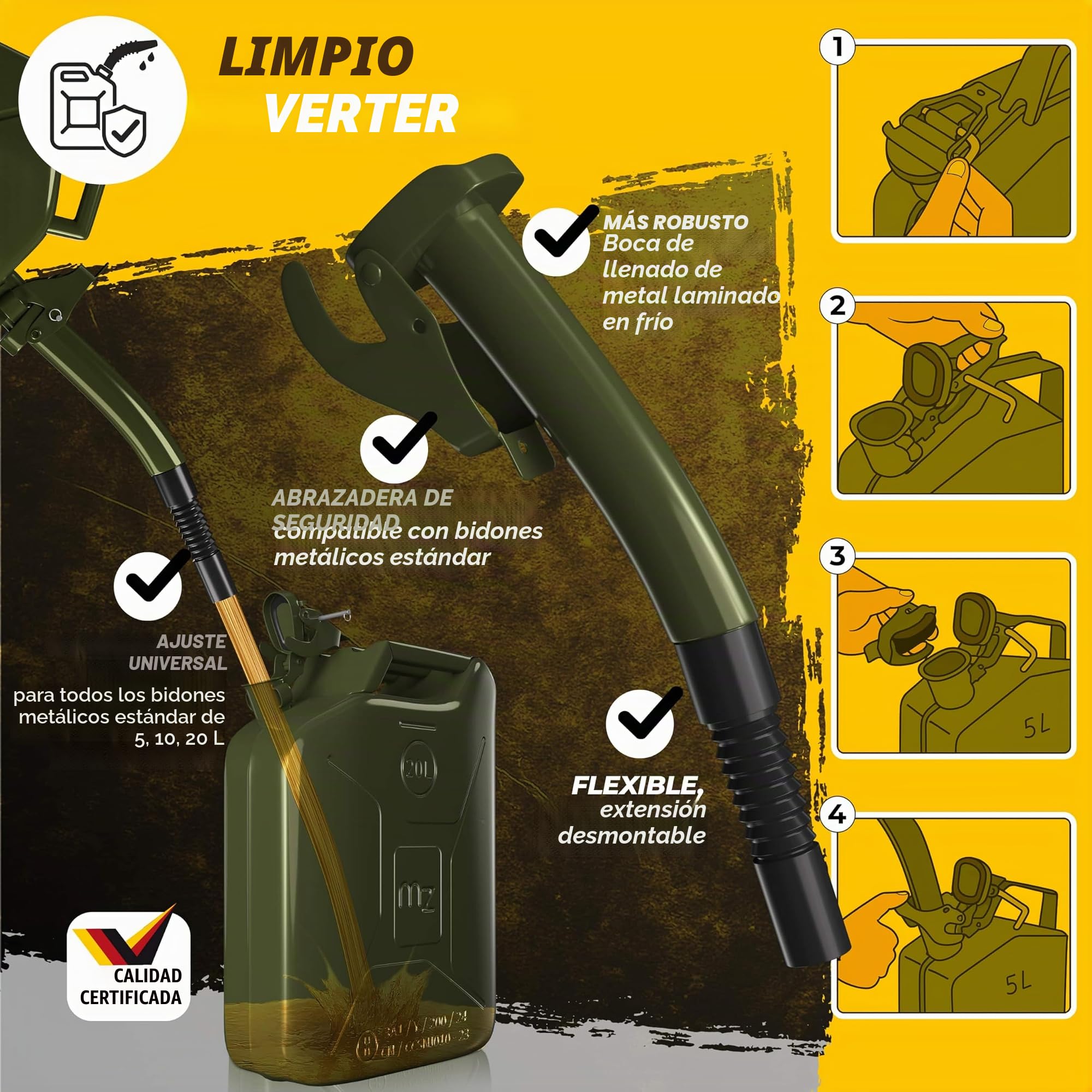 MONZANA® Bidón Gasolina Metálico 20L Set de 3 con Vertedor Acero Extensión Cierre Bayoneta Homologación ONU Transporte Combustible Taller 36x17x46cm Verde Oliva