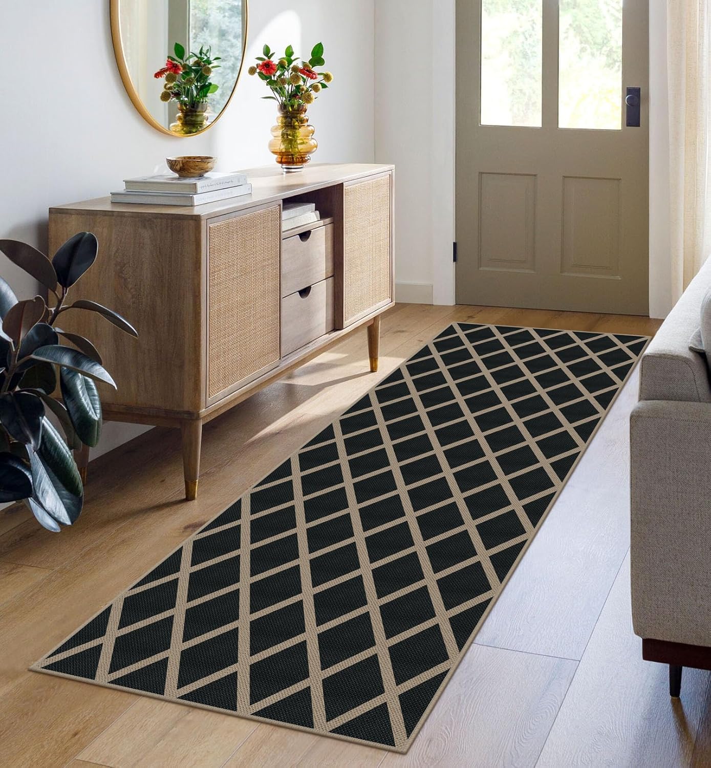 Rugalia Easy Jute Diamond Runner Rug, 2x6 Black Modern Washable Rugs Runner for Hallway Non-Slip Kitchen Runner Rug, Farmhouse Geometric Indoor Outdoor Carpet for Porch Laundry Entryway