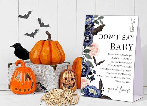 Miniatura 3 de Juego de pinzas para ropa de bebé, juego de baby shower de Halloween, un letrero de 5 x 7 pulgadas y 50 mini pinzas naturales para la ropa, género