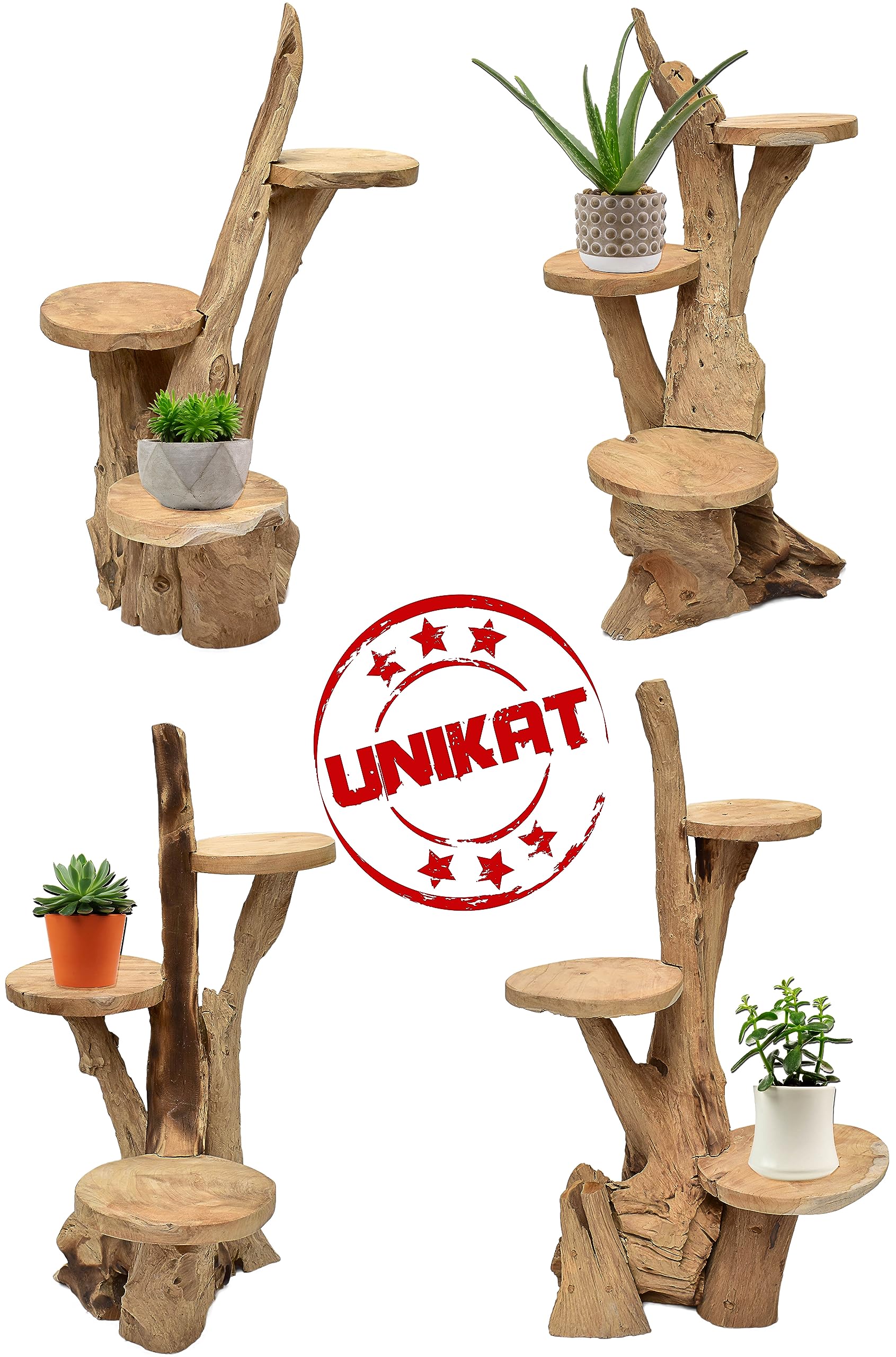 Teak Blumenständer mit 3 Ablagen Blumenpodest Pflanzentreppe Blumenregal Ständer Blumenhocker Massiv Holz Podest Regal 60cm