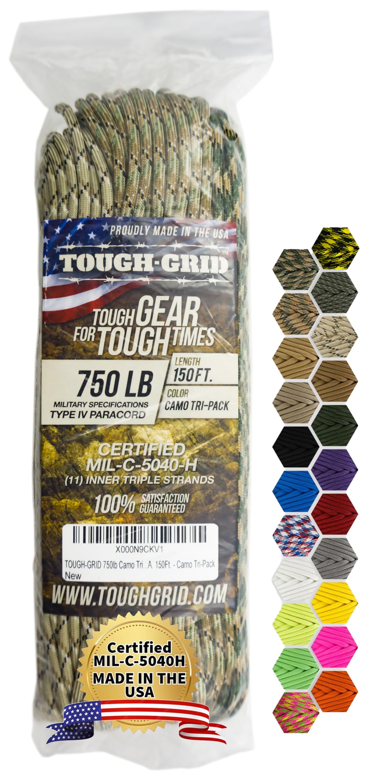 TOUGH-GRID 750 Paracord Rope Nylon Parachute Cord, Made in USA Survival Kit, Outdoor Adventures, Camping, Tactical Gear & Emergency Supplies, Military