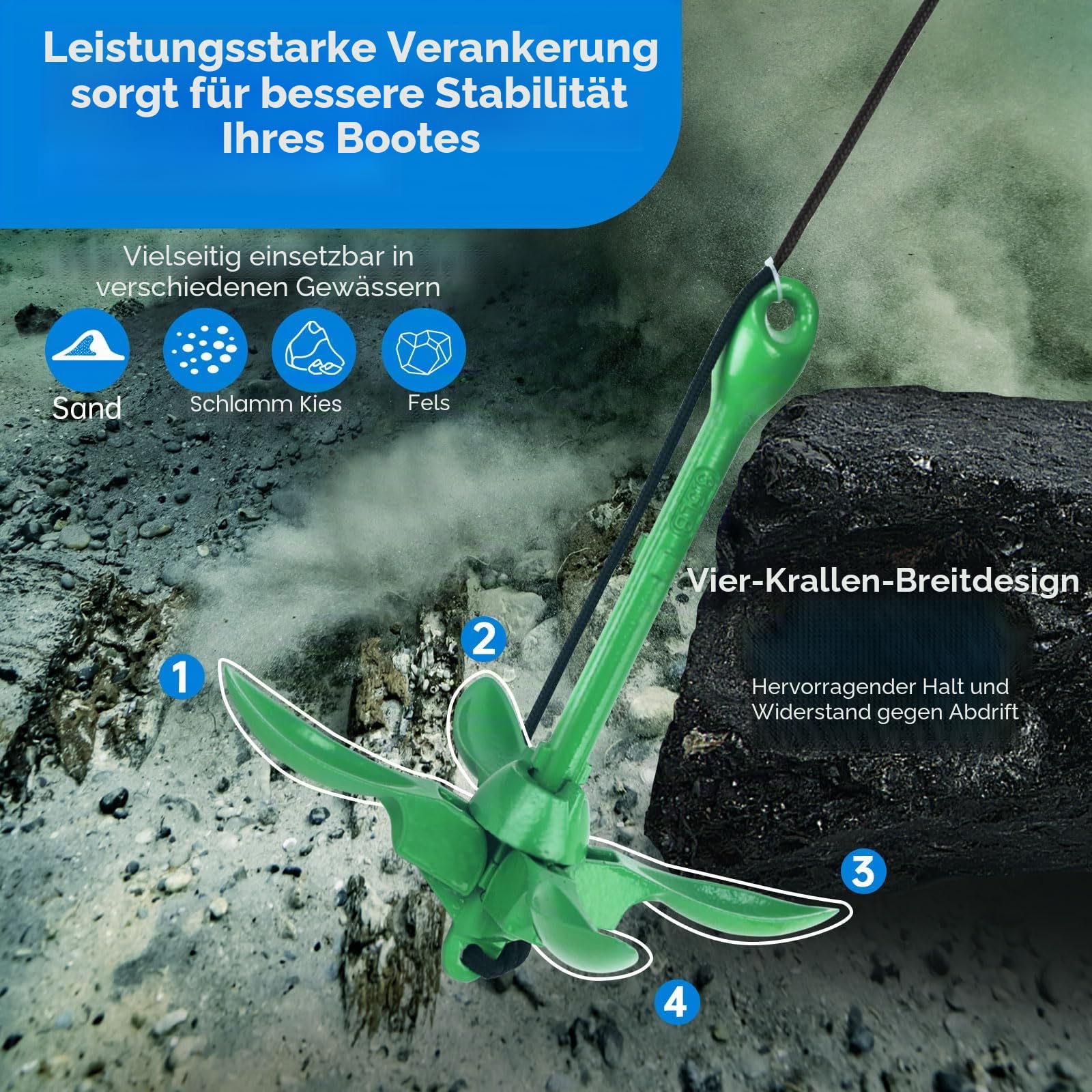Alpinista Kajakanker, 1,6 kg, tragbar, faltbar, mit 12,2 m langem Seil für Kajak, Kanus, Angeln und Paddelbrett-Zubehör, Grün