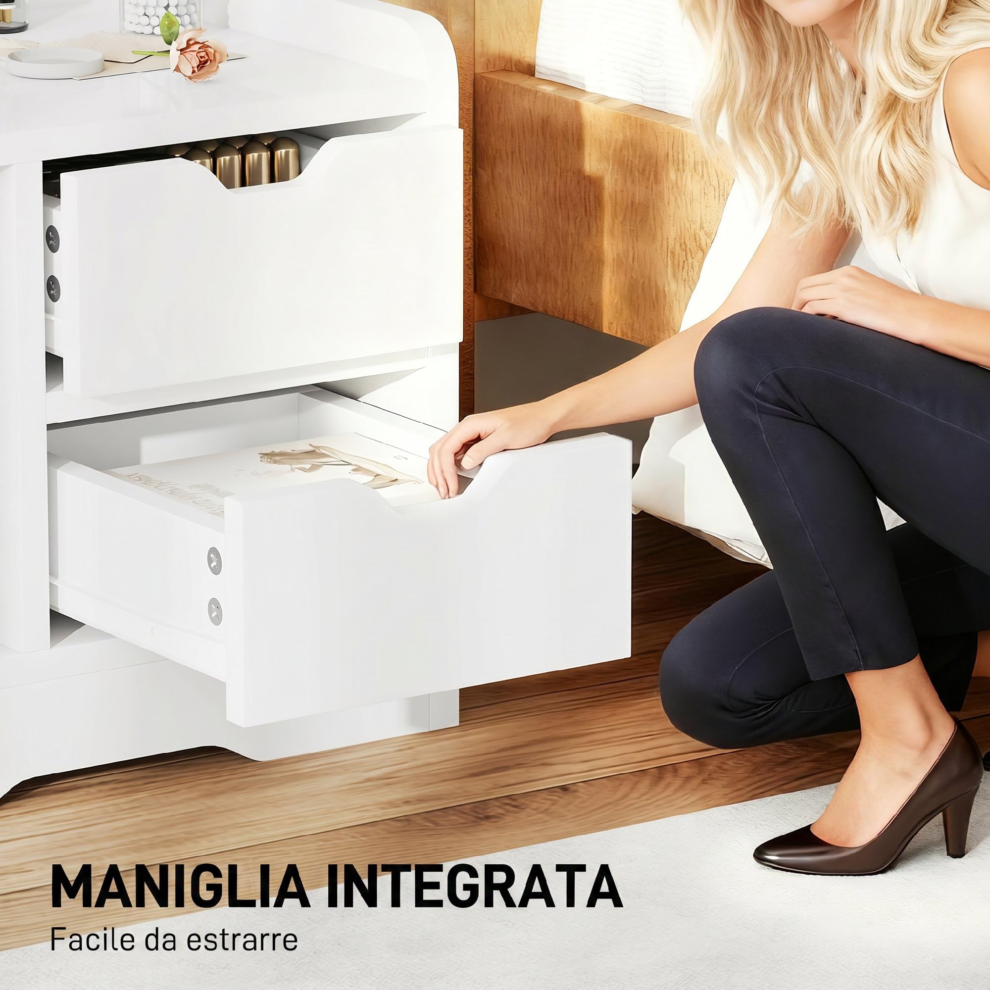 HOMCOM Comodino Camera da Letto con 2 Cassetti 40x30x60 cm Bianco Lucido