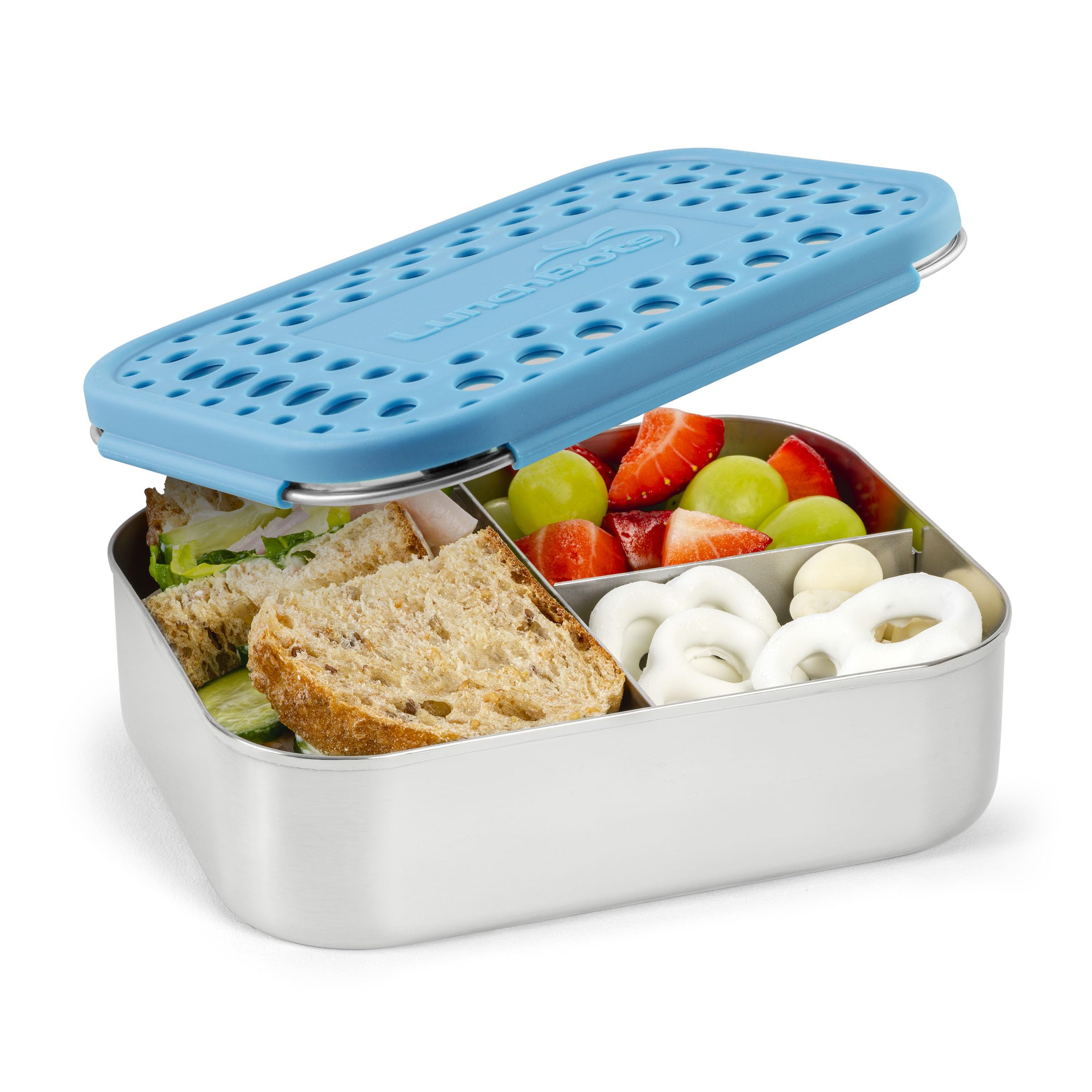 LunchBots Medium Trio II Snack Container - Divided Stainless Steel Food Container - Three Sections for Snacks On the Go - Eco-Friendly, Dishwasher Safe, BPA-Free - Stainless Lid (Aqua)