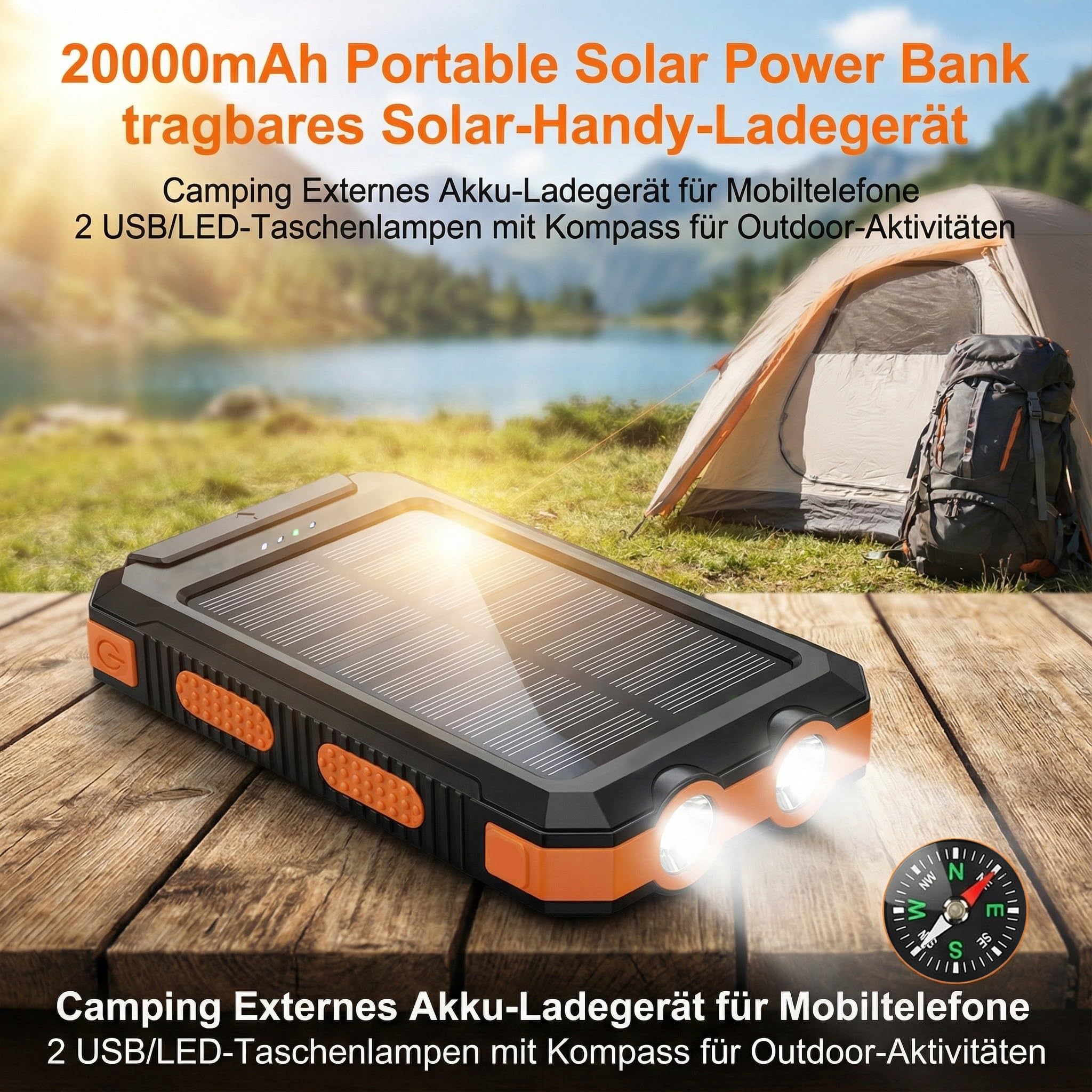 Solar Powerbank 20000mAh, Wasserdichtes USB C Externer Akku mit 2 Outputs, 2 USB-Anschlüssen, LED-Taschenlampen mit Kompass für Outdoor-Aktivitäten
