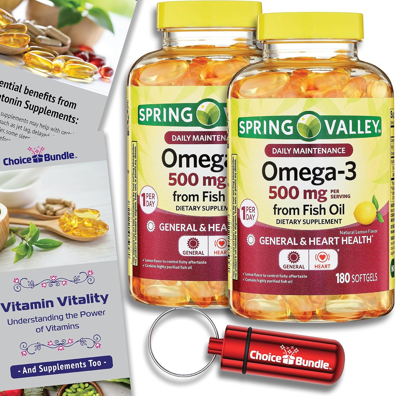 Choice Bundle Spring Valley Fish Oil Omega 3 Fatty Acid Supplement Lemon Softgels 500 mg 180 Ct 2 pk (360 Total) + Vitamin Guide and Pill Container (4 Items)!