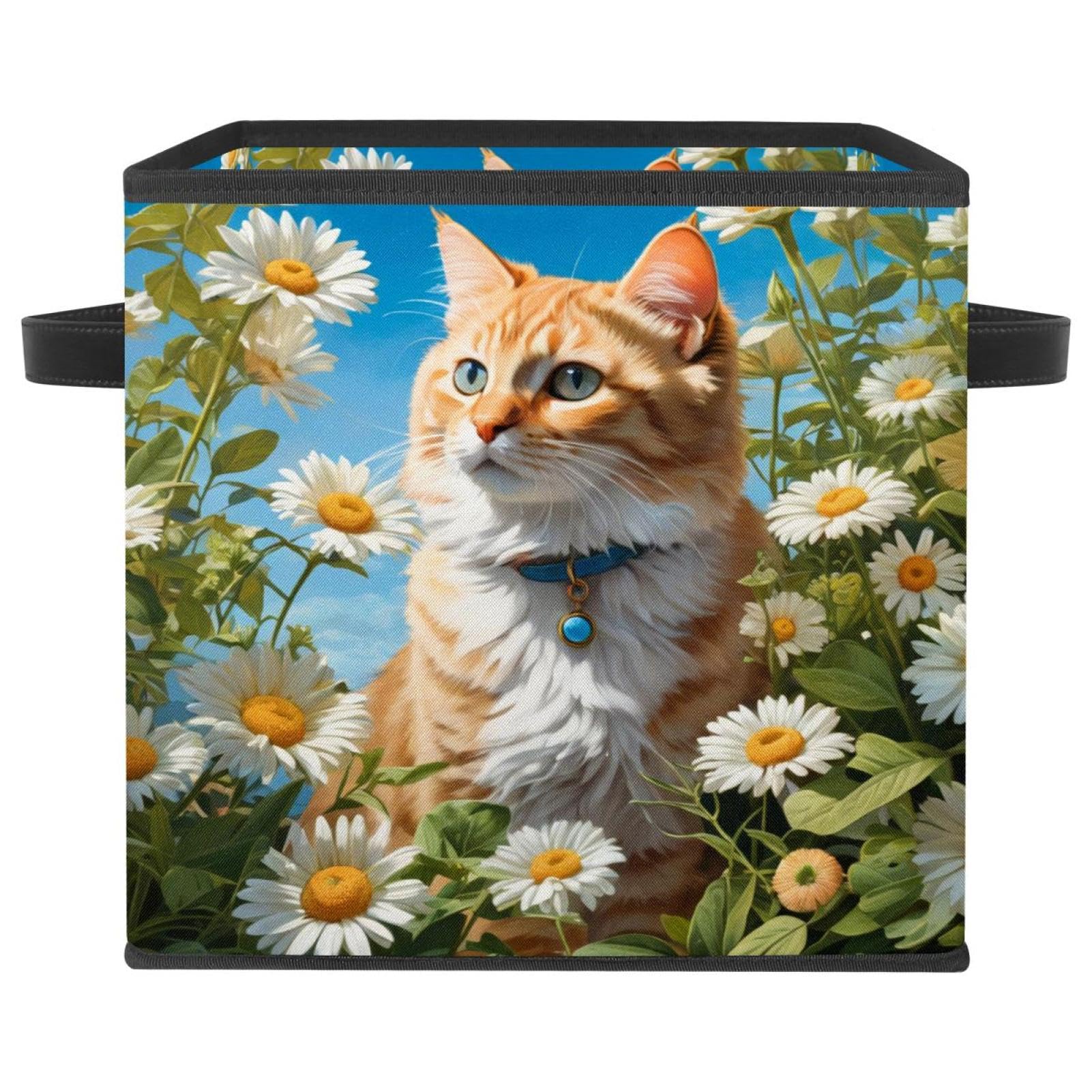 Boîte de rangement pliable avec poignées en cuir et motif chat pour dressing