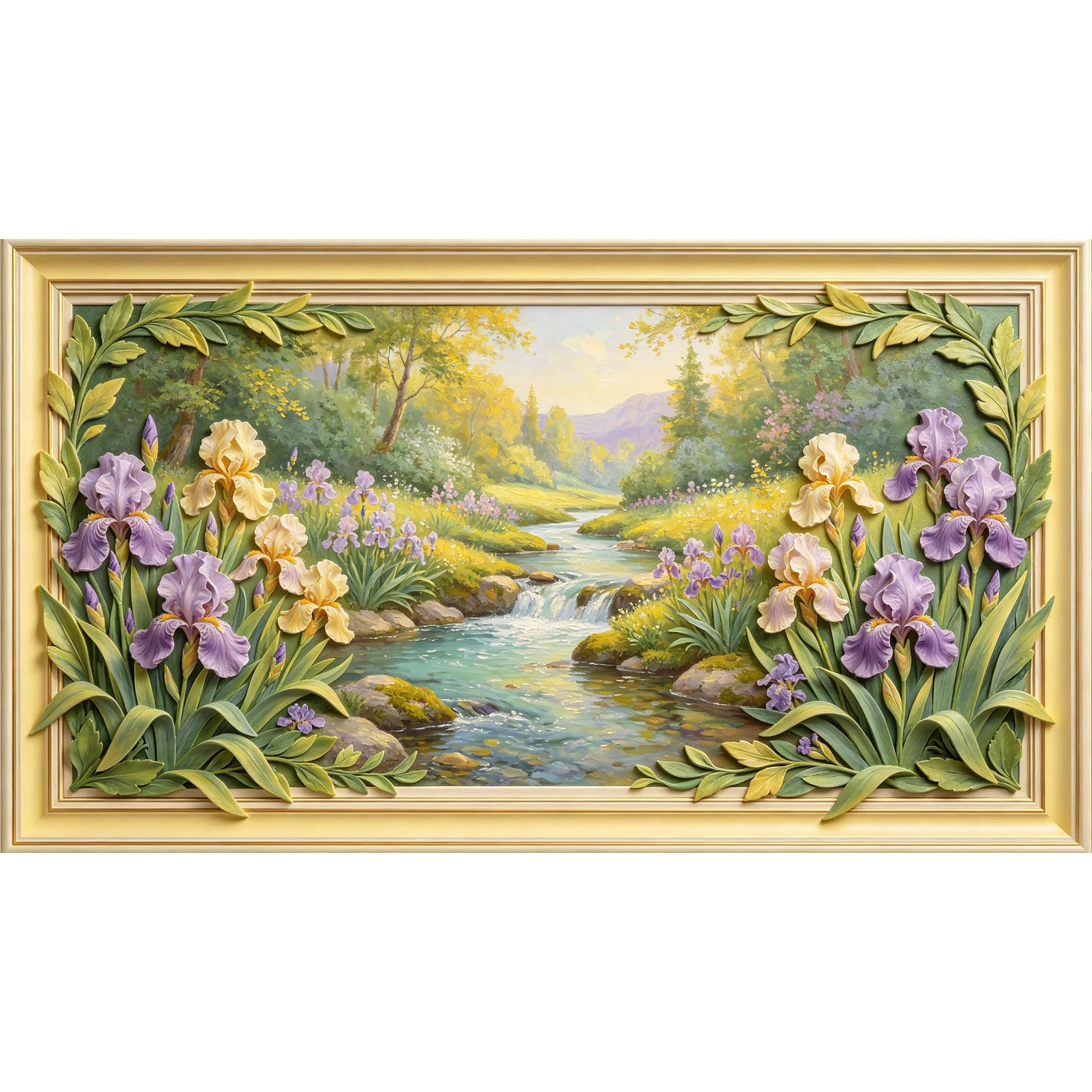 QZLITHOTIC 50x90cm3D Framed Wall Art， Botanical Mountain Stream Iris Flower Landscape Self‑Adhesive Mural， Water‑Activated Peel & Stick Fabric Decor Wall Decal for Bedroom Living Room