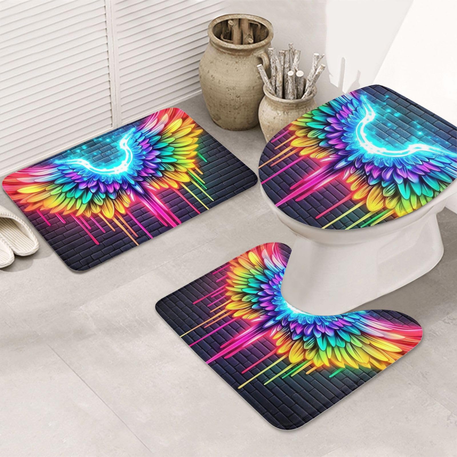 Alfombrilla de baño de alas de ángel neón lavable a máquina con base antideslizante segura