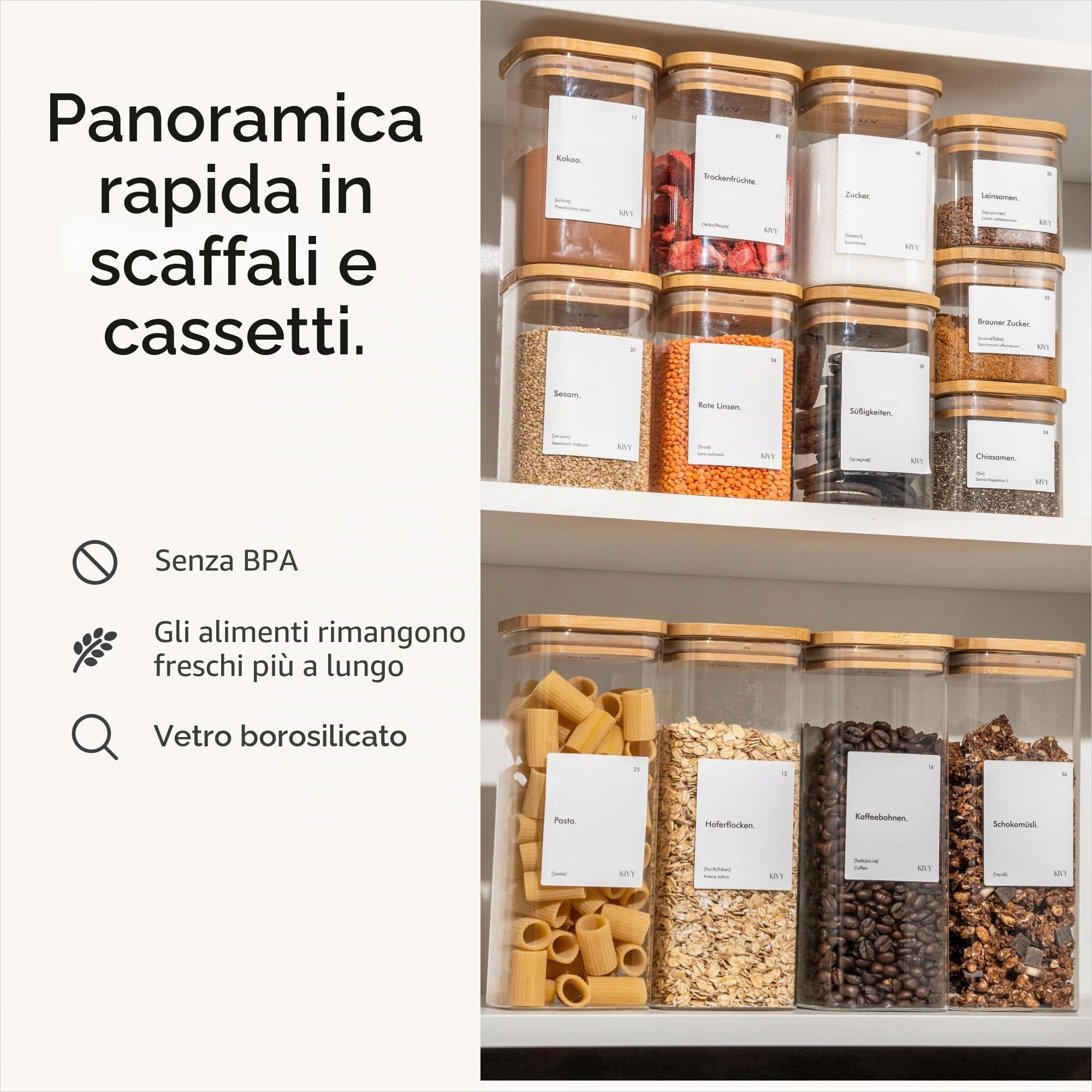 KIVY Barattoli rettangolari [set da 12 pezzi] + etichette – barattoli impilabili e ermetici con coperchio – Barattoli con coperchio ermetici – Barattoli rettangolari – Bambù