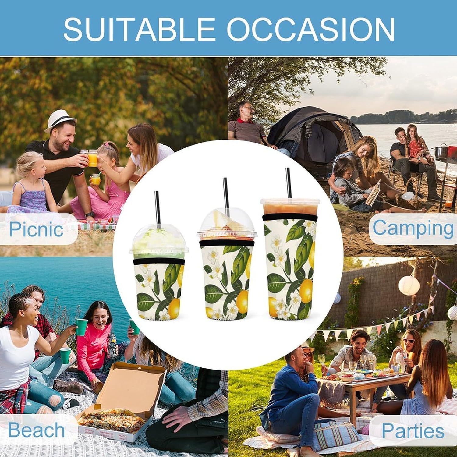 3 Pack Neoprene Cup Sleeves, Stretchy Reusable Drink Cup Cover Universal