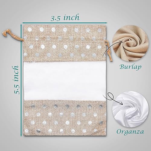 Miniatura 3 de Paquete de 12 bolsas de regalo pequeñas de lino, arpillera y organza con cordones (3.5x5.5 pulgadas, lunares beigeplateado) - Recuerdos de fiesta,