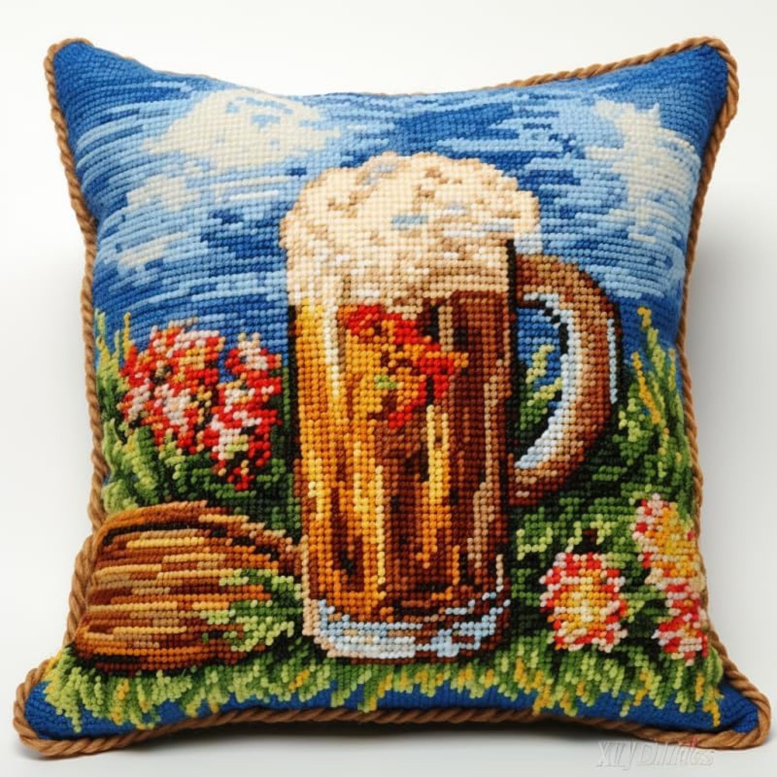 ANSIWEIGO Latch Hook Pillowcase Kits with Beer Pattern Latch Hook Kit Cushion Throw Pillow Embroidery Craft Kits for Beginner DIY Latch Hook Rug Kit with Printed Canvas Hobby Craft,17x17inch/43x43cm