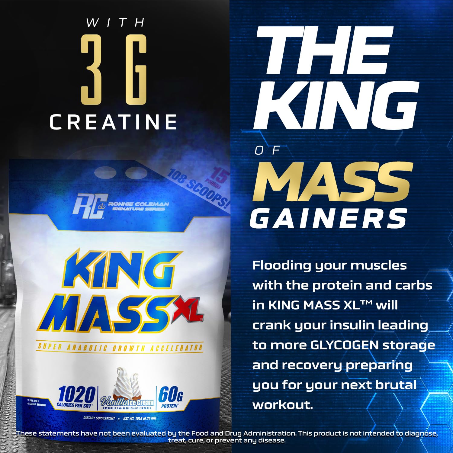 Ronnie Coleman Signature Series King Mass XL Mass Gainer Protein Powder, Muscle Gainer, 60g Protein, 180g Carbohydrates, 1,000+ Calories, Creatine and Glutamine, Vanilla Ice Cream, 15 Pound — Amazon image 5