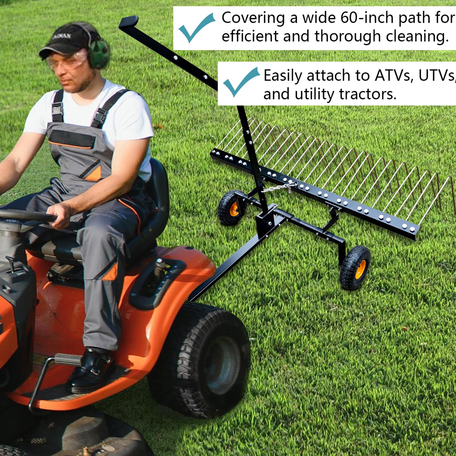 Rasentraktor Rechen mit 150cm Arbeitsbreite, Rasenstriegel mit Hebegriff & 24 Stahlzinken, Rasenlüfter zum Entmoosen und Laubrechen auf Rasen, Rasenkamm Vertikutierer für Aufsitzmäher Traktor ATV UTV