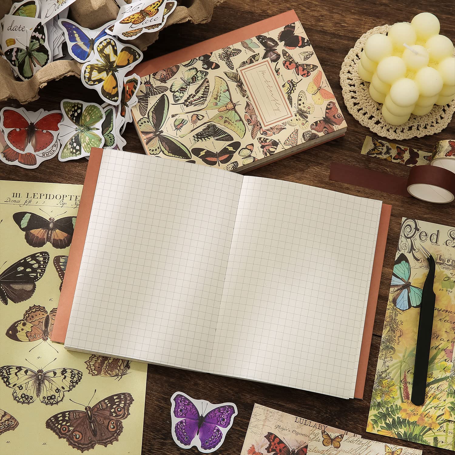 emmoolife Vintage Aesthetic Scrapbooking Supplies Kit, s Botanical Bullet Junk Journal Kit with Journaling Supplies, Tweezers, A6 Grid Notebook,Stationery,Sticker, Birthday Craft Gift for Adult: Butterfly