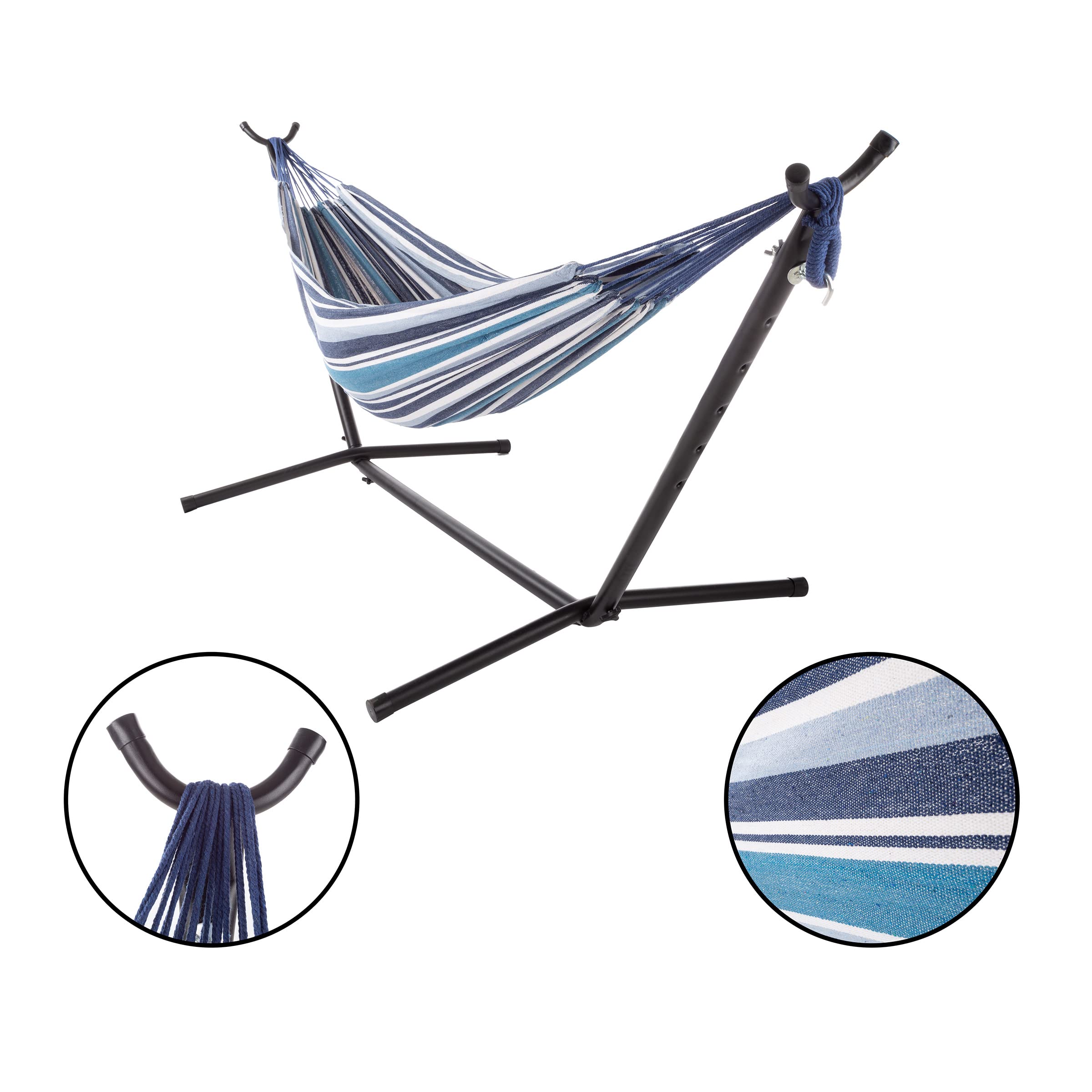 Double Brazilian Hammock with Stand Included â€“ Woven Cotton, 2-Person, Outdoor Swing with Frame for Camping, Backyard, or Patio by Pure Garden (Blue)