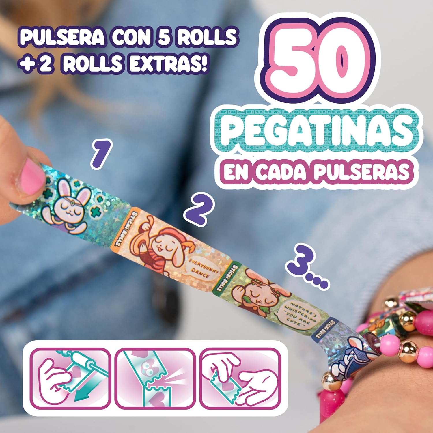 SKY CASTLE - Sticki Rolls Band Single Pack, Wristbands with Stickers, Rolls of Stickers with Kawaii Theme, 50 Stickers per Bracelet, 2 Extra Interchangeable Rolls, Famous (TCR01000)