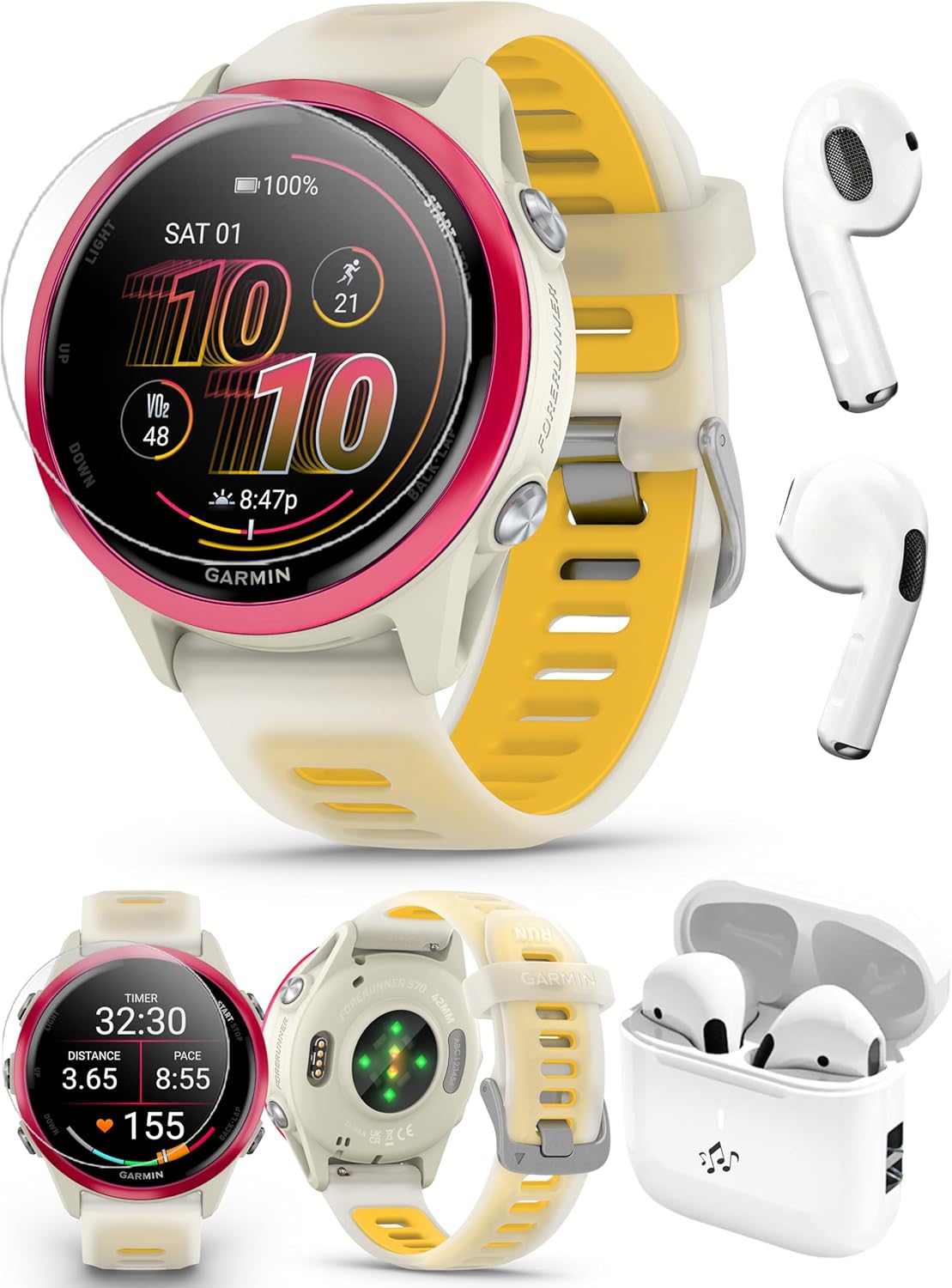 PlayBetter Garmin Forerunner 570 (42mm, Raspberry/Translucent Bone Mango) Advanced GPS Running and Triathlon Smartwatch Bundle HD Screen Protectors & Wireless Earbuds