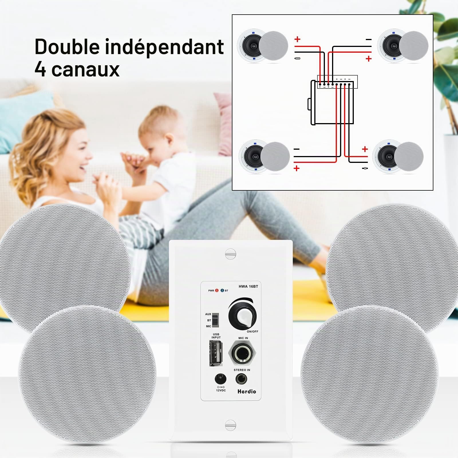 Herdio Bluetooth Wall Amplifier 4 Channels Volume Control Wall Plate USB/MIC/AUX(3.5mm) Inputs Connect 4 Speakers with 12V 3A Power Supply,HWA-16BT-4CH
