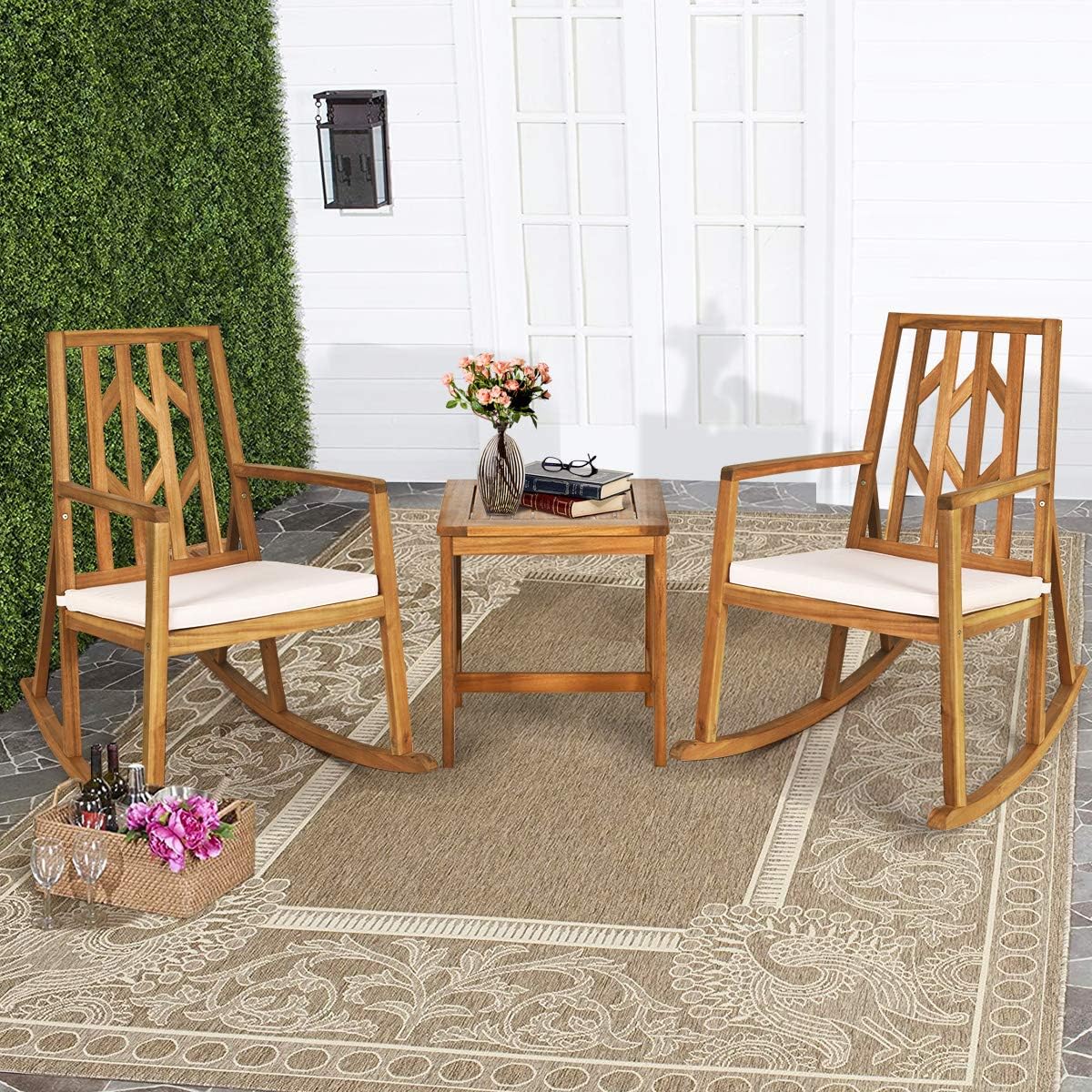 RELAX4LIFE Wooden Rocking Chair Outdoor - Oversized Patio Rocker w/High Backrest, Long Armrest, Removable Soft Cushion, Porch Rocking Chair for Backyard, Garden, Patio Rocking Chair (2, White)