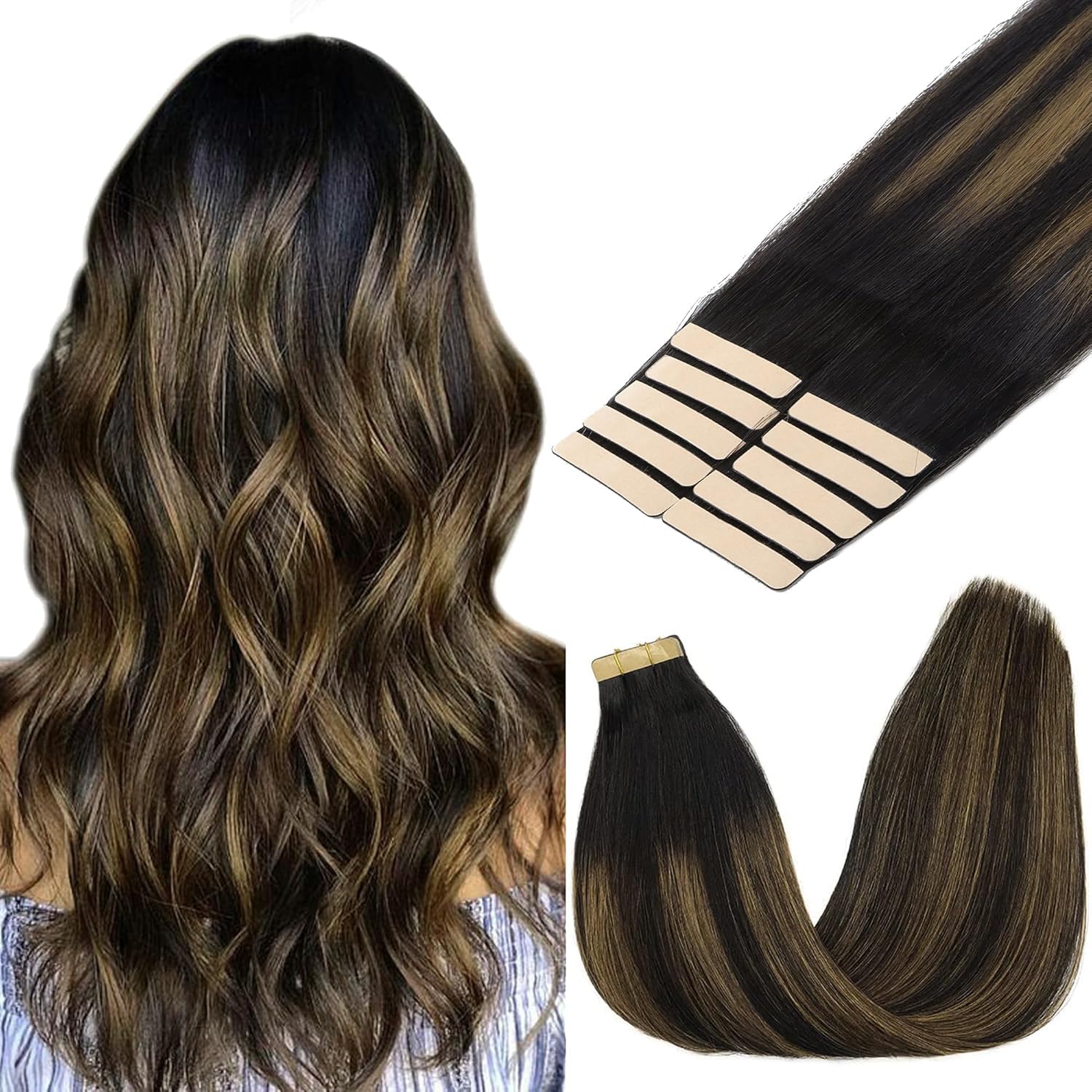GOO GOO Tape in Hair Extensions Human Hair, 20pcs 50g 16inch, Balayage Chocolate Brown to Strawberry Blonde Real Remy Hair Extensions Seamless Straight Human Hair Extensions — view 80