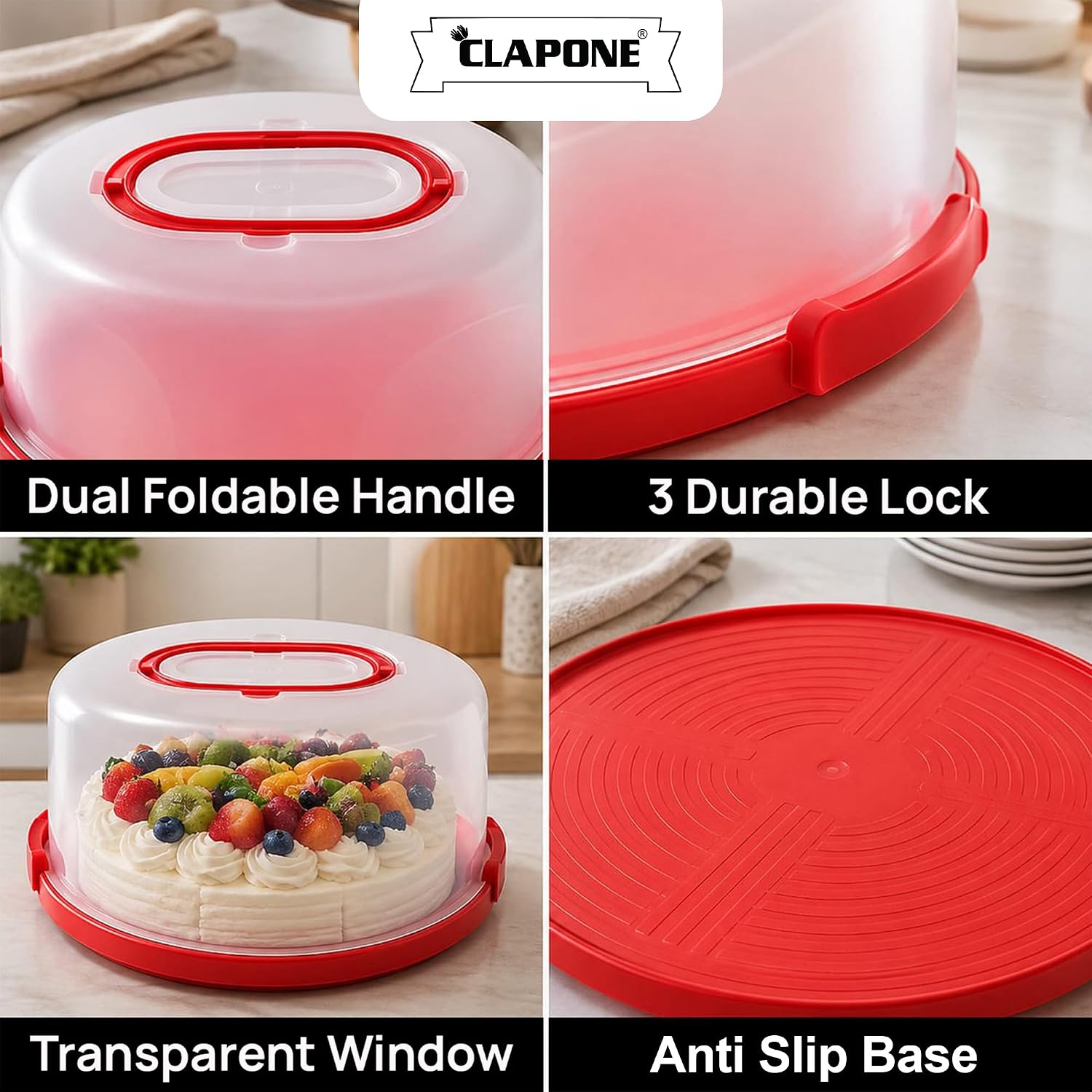 MECHDEL ·MECHDEL Cake Carrier with Lid and Handle/Cake Containers/Cake Holder for 11 inch/Cake with 3 Handles Cupcake Carrier/Cake Boxes For Packing/Plastic Cover Three Sided Base/Round Storage Carrier/(Red)| Made in India 5