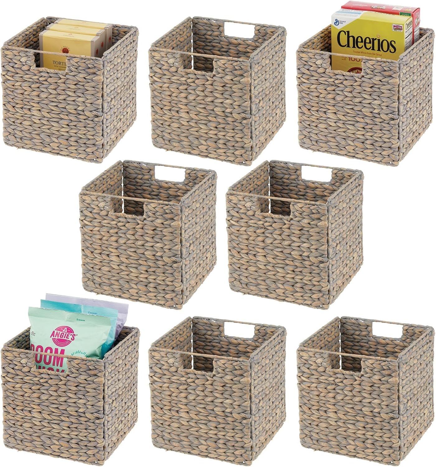 mDesign Natural Woven Hyacinth Cube Organizer Basket with Handles - Storage for Kitchen Cabinet or Pantry Shelf, Perfect for Cubby Storage Units, Holds Snacks or Small Appliances, 8 Pack, Gray Wash Gray Pack of 8