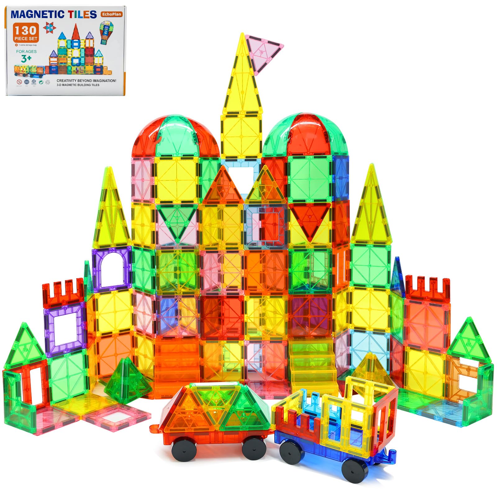 EchoPlan Magnetic Tiles, 130PCS Magnetic Blocks with 2 Cars, Magnet Tiles 3D Clear Building Blocks Set, STEM Sensory Educational Toys Gift for Toddlers Kids Boys 3 4 5 6 7 8 9+ Year Old
