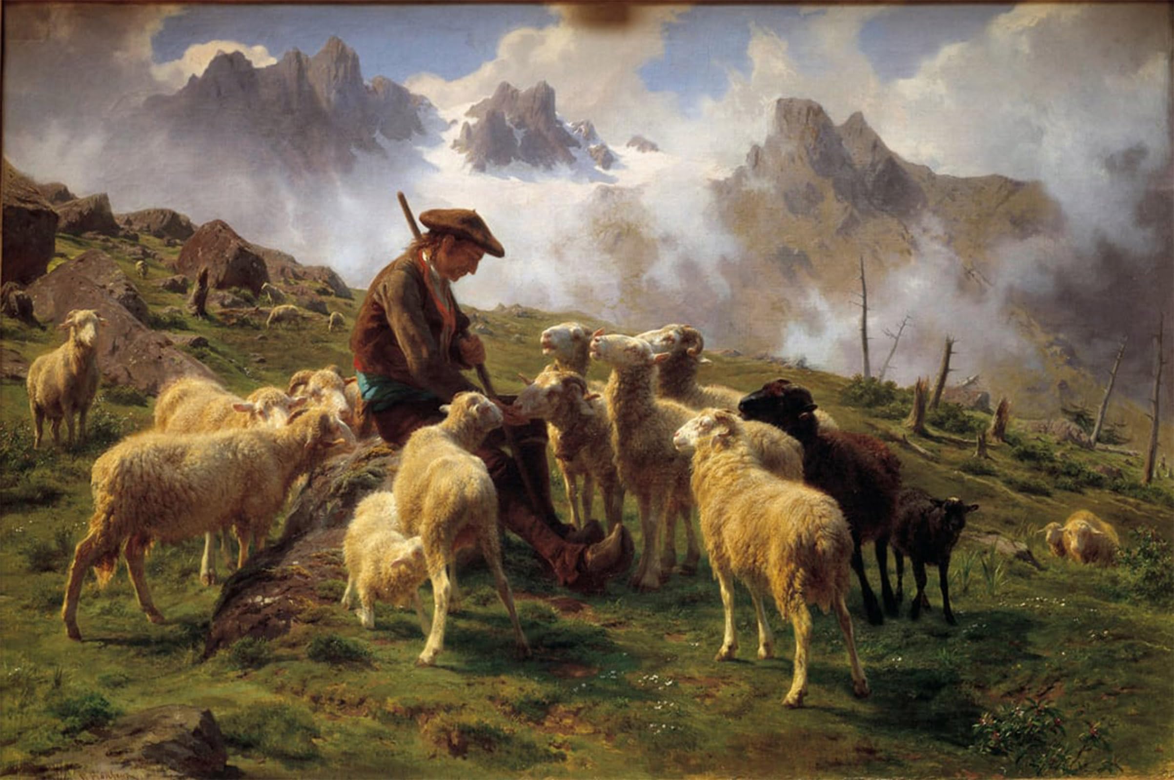 ARTXLXXBN Famous Prints Artwork Pictures Poster Painting Art an Alpine Shepherd Giving Salt to His Sheep by Rosa Bonheur Artwork Landscape Pictures for Home Decor 60x90cm