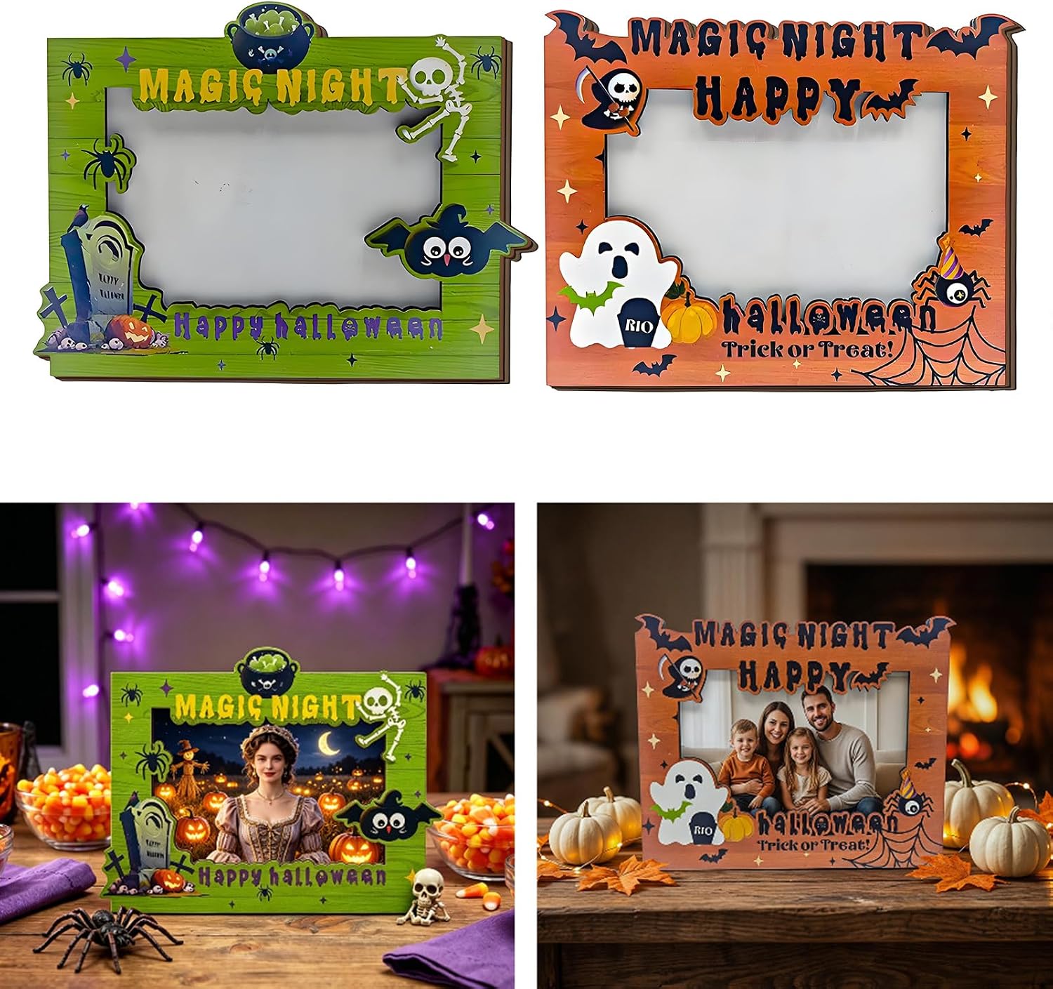 Halloween Wood Picture Frame Dark Skull Desktop Ornament Retro Styles Photo Frame Suitable for Home Decorating Holiday Table Highlight