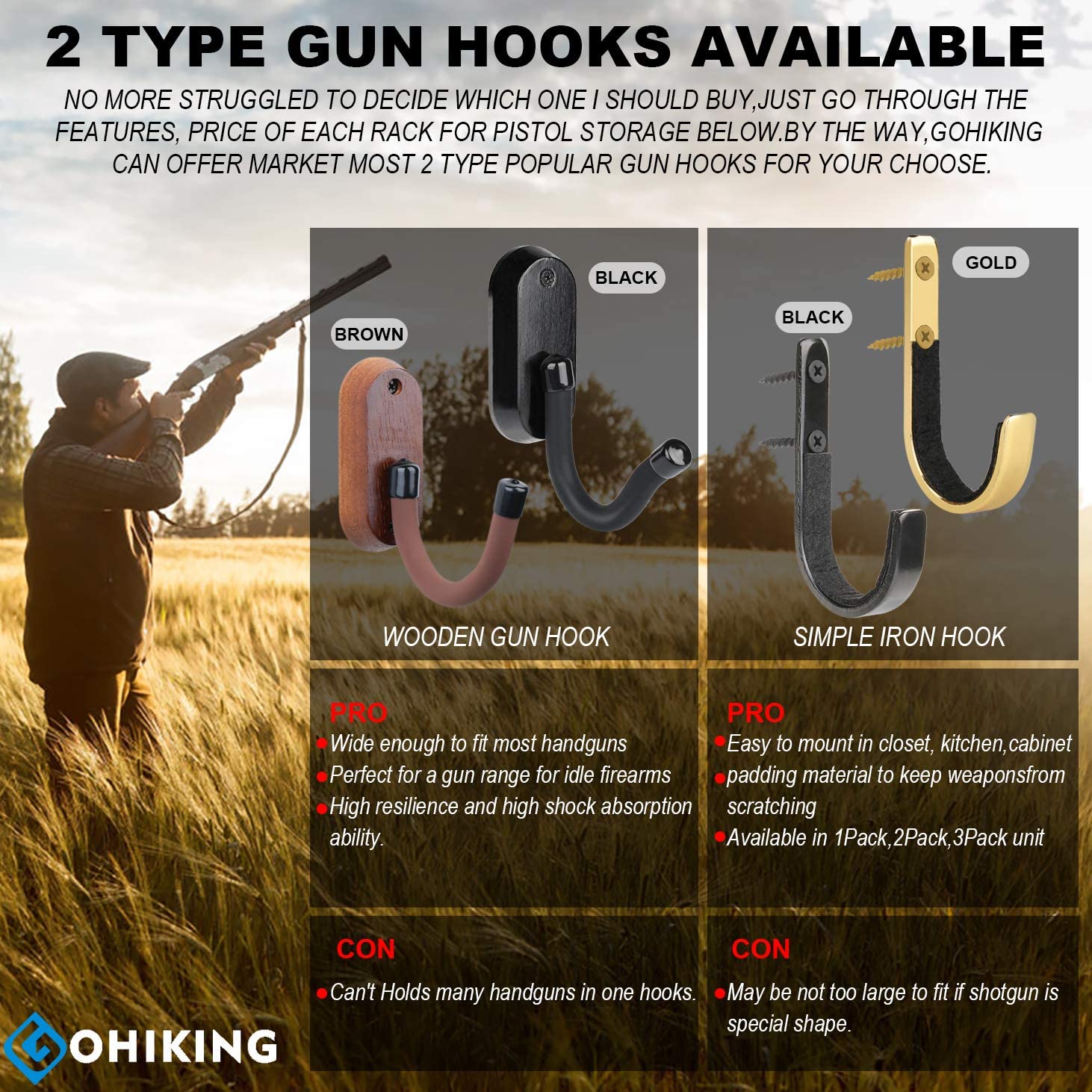 GoHiking Heavy Duty Wall Mount Gun Racks Gun Hooks Shotgun Hook Rifle