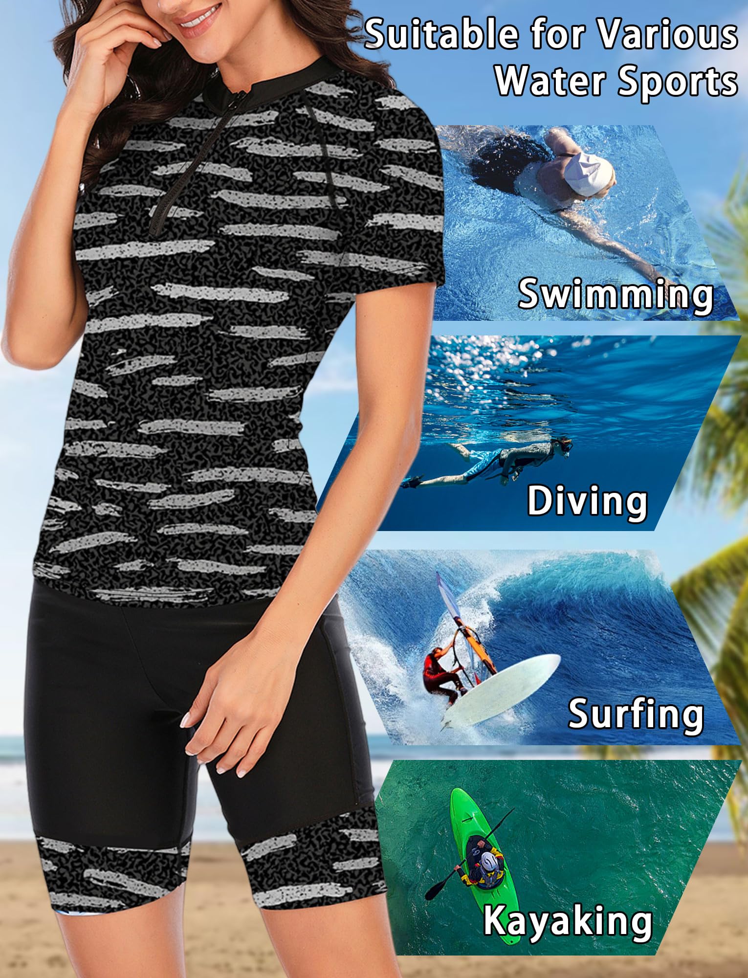 Costume da bagno da donna in due pezzi con protezione solare UPF 50+, stampa floreale, costume da bagno con pantaloncini corti