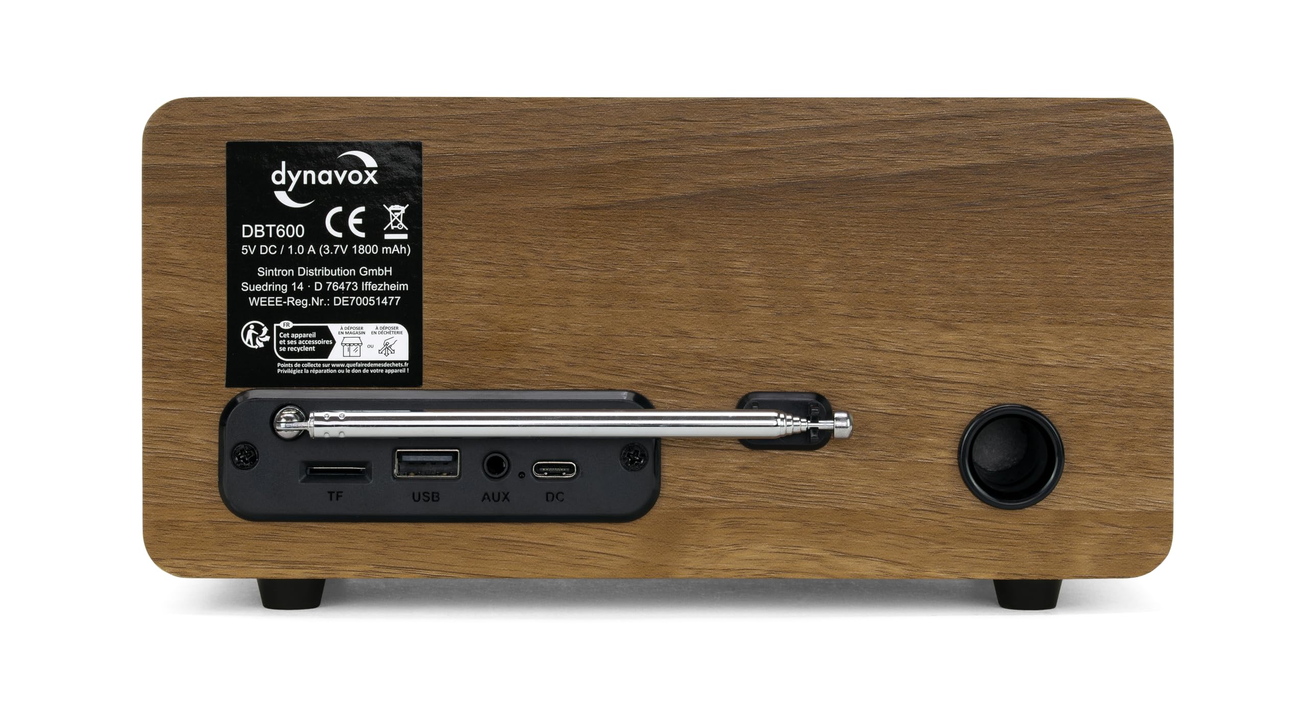 Dynavox DBT600 DAB+ Radio/digitale FM, portatile, ideale come radio da cucina/bagno/ufficio, sveglia, BT, display TFT, funzionamento a rete o batteria, USB/Micro-SD, decorazione in legno marrone