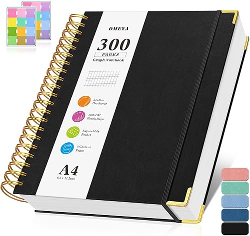 Cuaderno de papel cuadriculado, cuaderno de cuadrícula en espiral de 8.5 x 11 pulgadas, diario de cuero de tapa dura de 300 páginas, cuaderno de